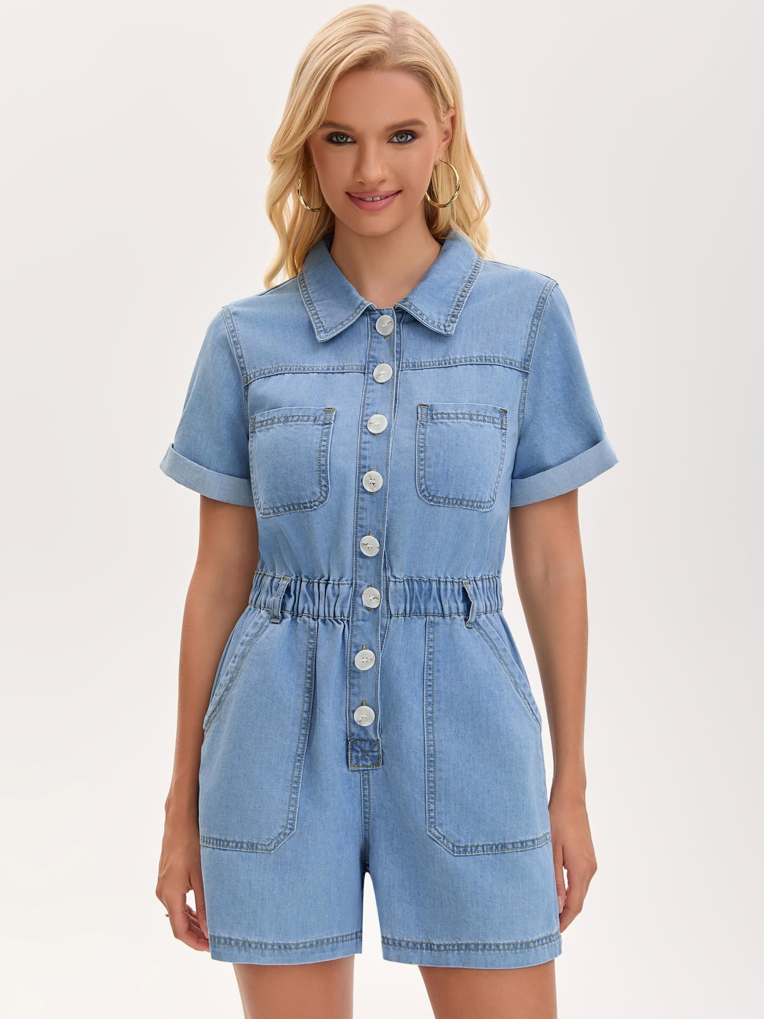 Donna Denim Romper Maniche Corte Vita Elastica Jumpsuit Shorts