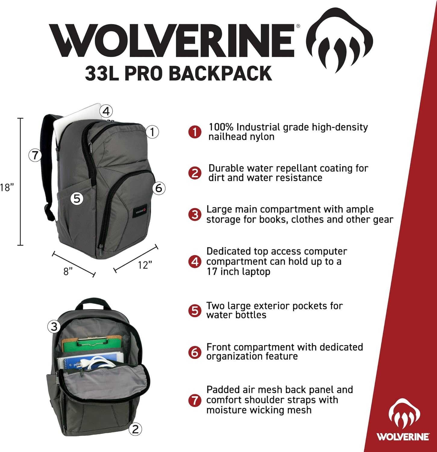 Wolverine 33L Backpack with Large Main, Laptop Compartment and Cooling Straps, Chestnut, One Size