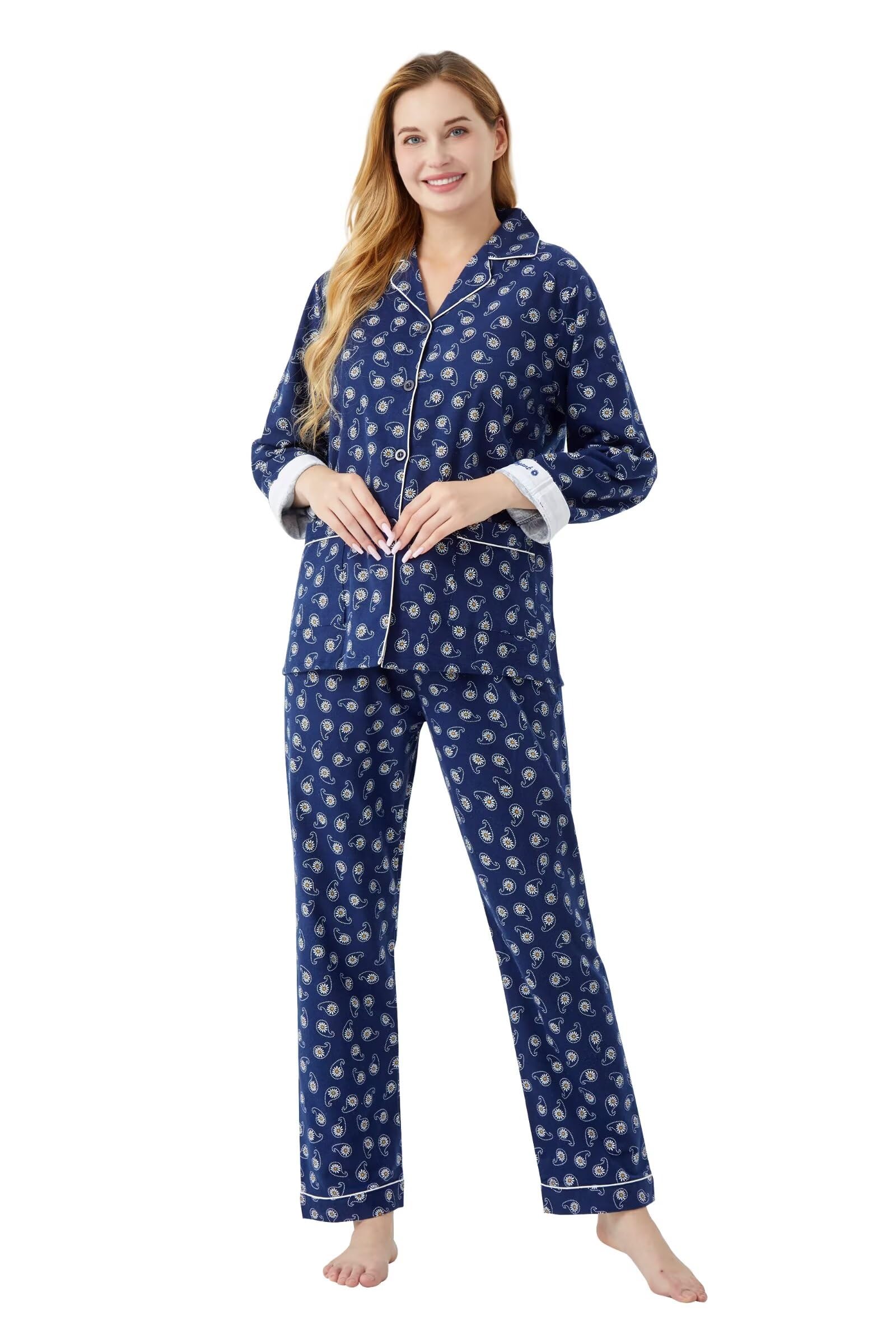 Pijama de franela de algodón para mujer, 100% algodón, conjunto de pijama de franela suave y acogedora