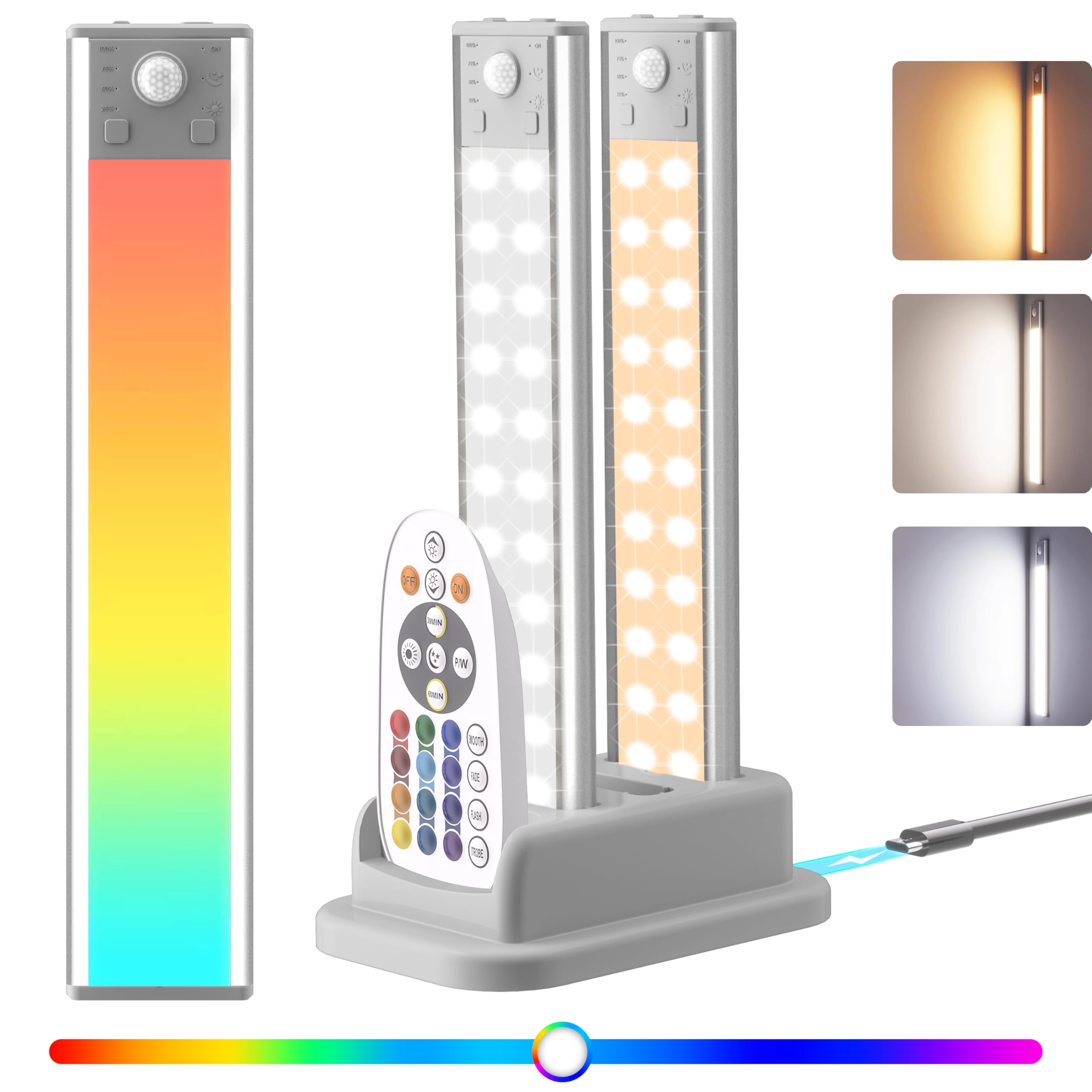 Lexall Barra LED Ricaricabile 60 LED Per Sotto Armadio, Con Sensore Movimento, Telecomando, RGB Dimmerabile E Stazione Di Ricarica - 3