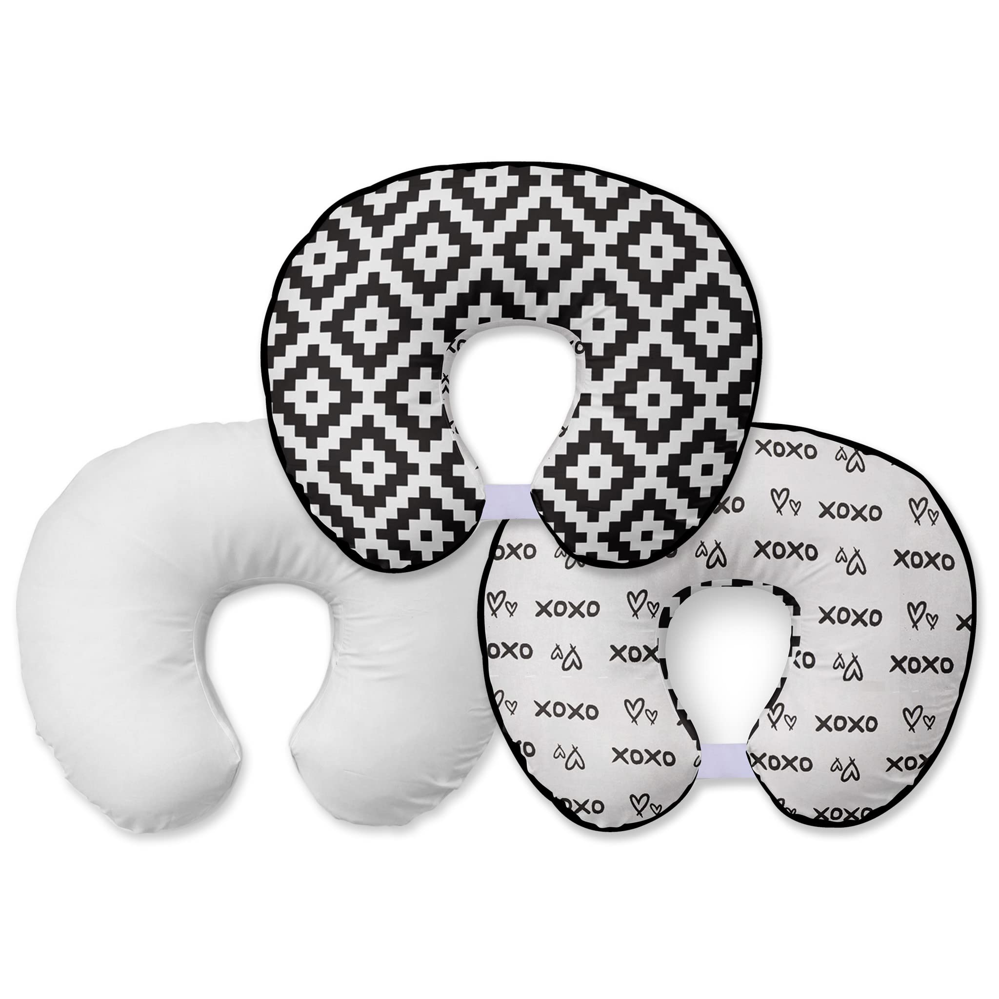 Bacati - 3 pc Nursing/Feeding Set with 1 Poly Filled Insert Pillow and 2 Nursing Pillow Covers Made with Ultra-Soft 100% Cotton Fabric Fashionable Two-Sided Design (Aztec Kisses Black)