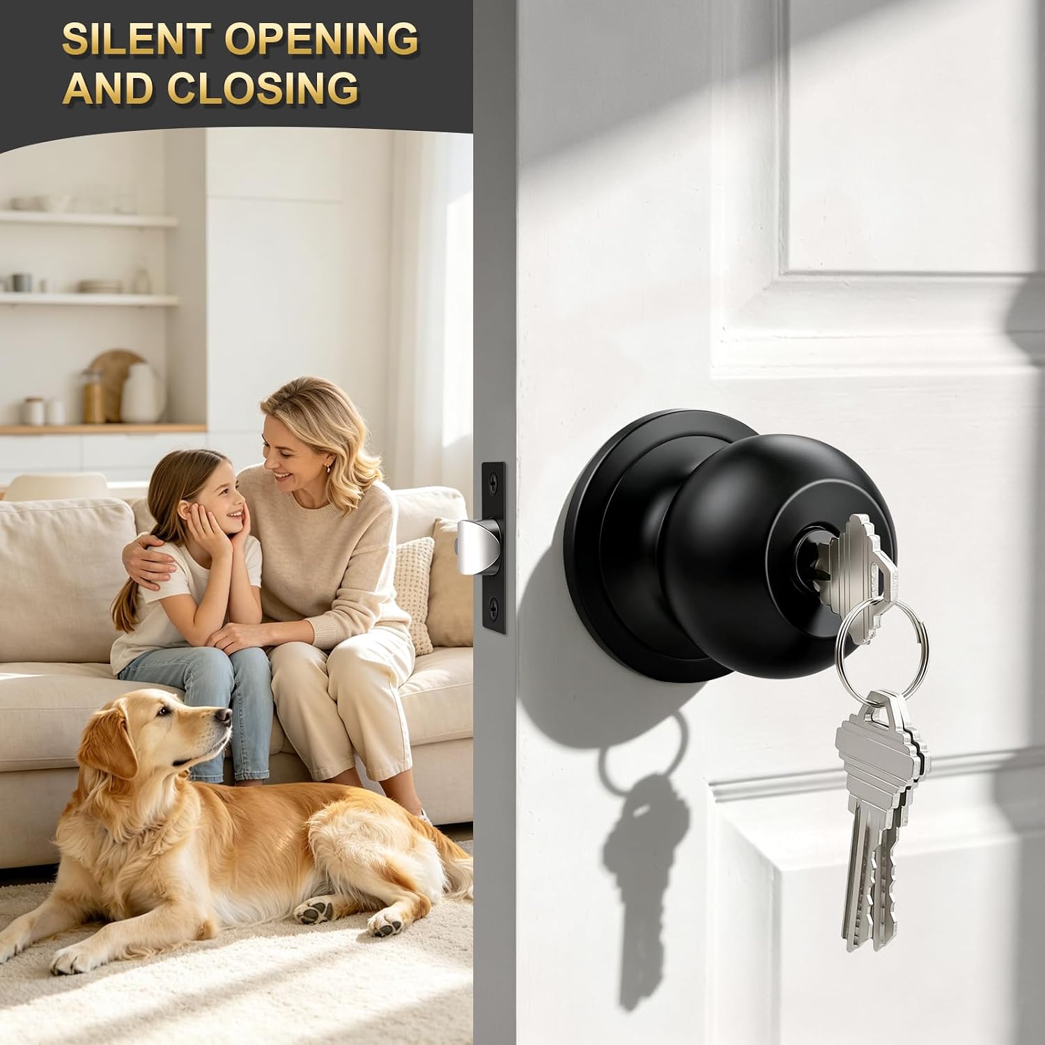 3 Pack Keyed Entry Door Knob, Entrance Door Lock, Keyed Different, Standard Ball, Matte Black Interior and Exterior Entry Door Knobs