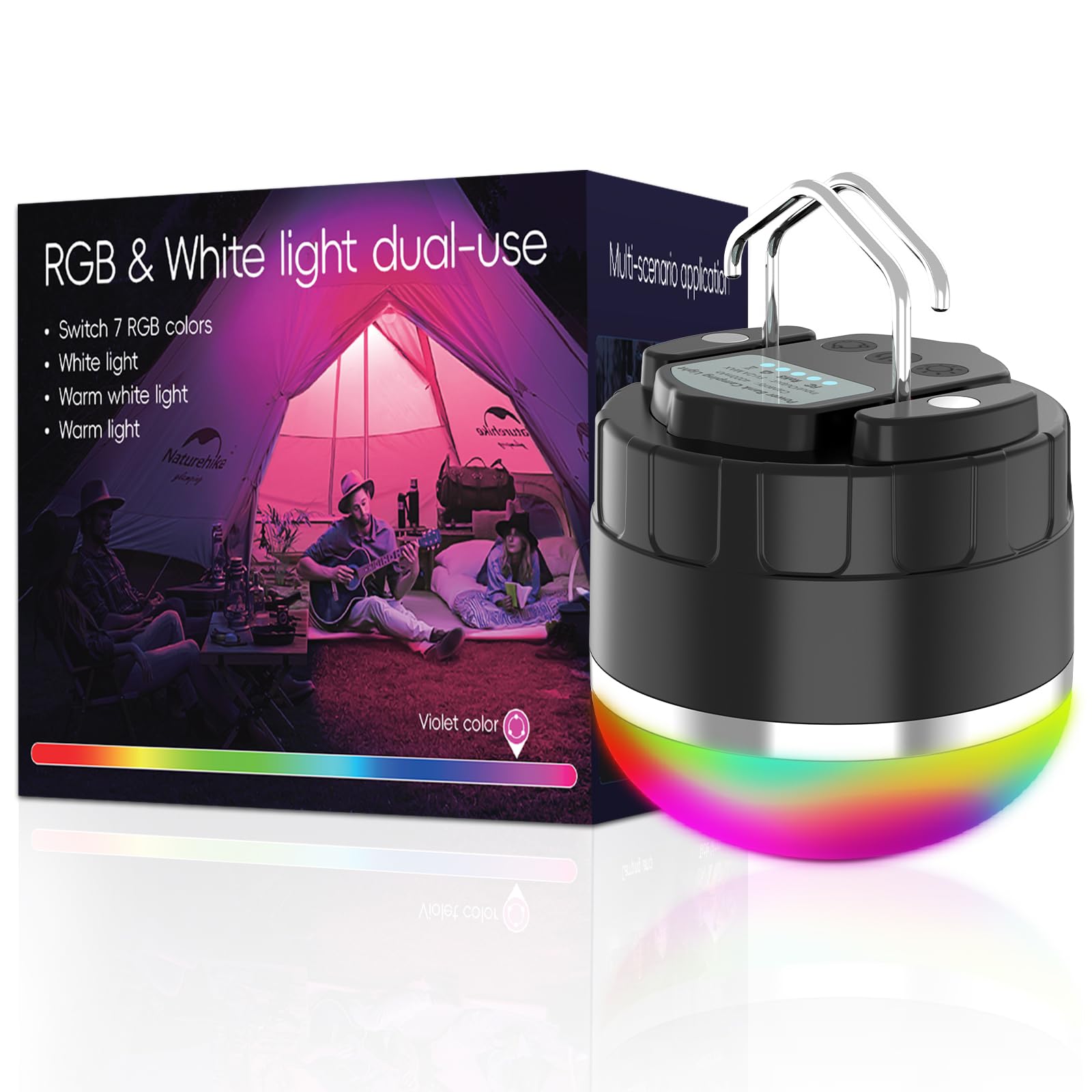 Linterna LED de camping recargable, esencial para campamento, cambio de color RGB, 1000 lm, 4 modos de luz, base magnética, impermeable IP65, linterna portátil para camping, senderismo, huracanes y