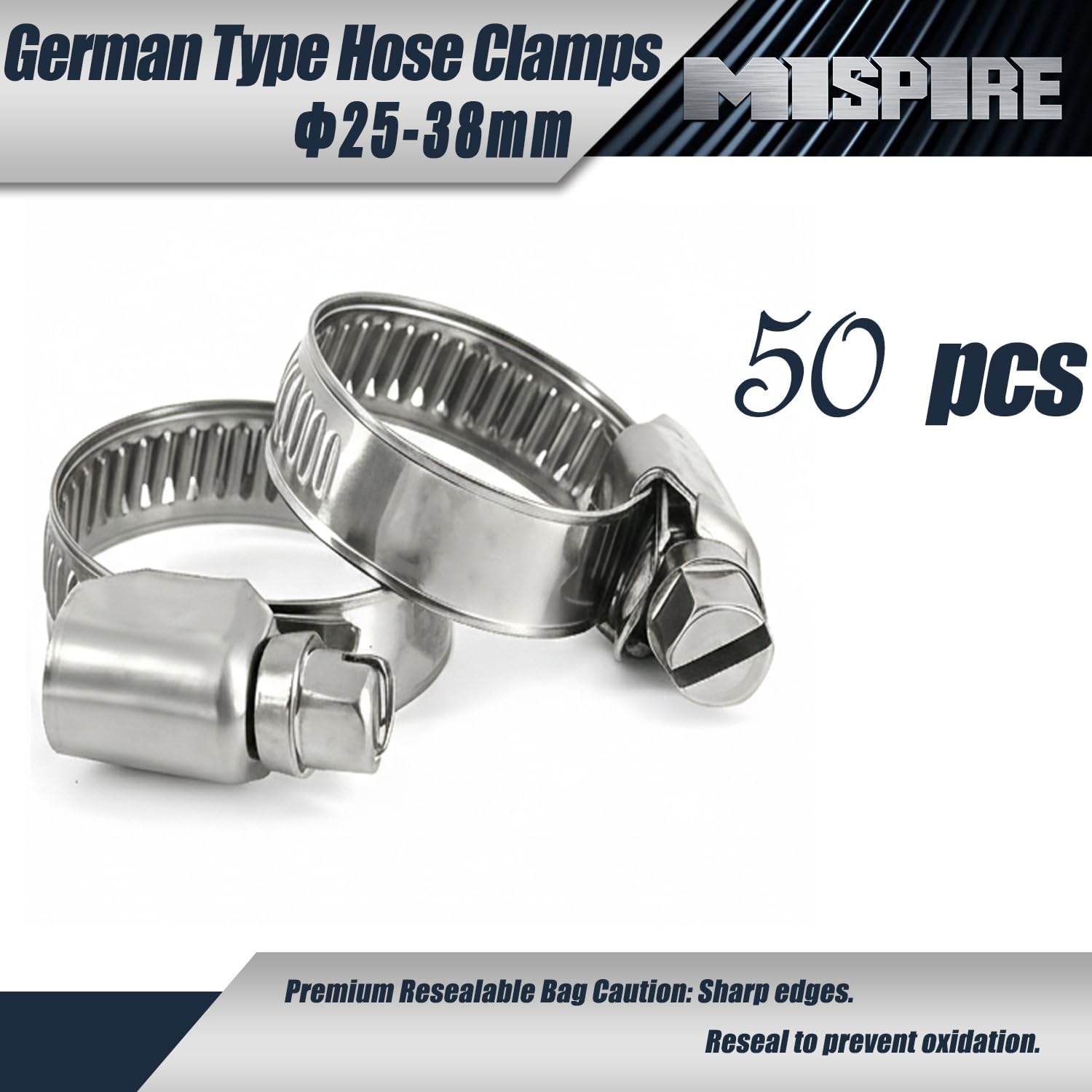 25-38mm Heavy Duty Hose Clamps 50PCS, MISPIRE Adjustable Worm Gear Drive Hose Clamps, Stainless Steel 304 German Style Pipe Clamps for Fuel Injection Line, Automotive, Radiator, Garden,Plumbing