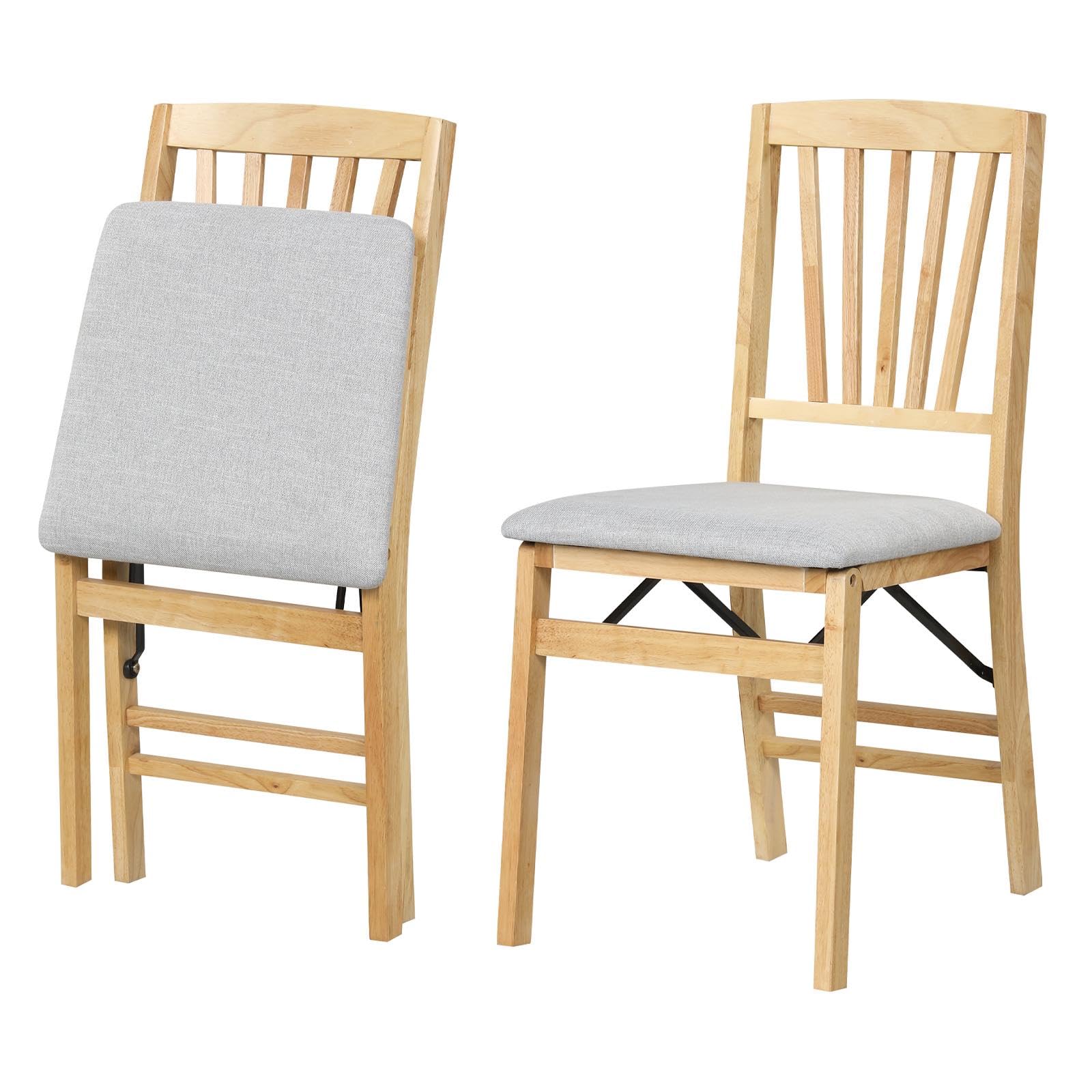 TANGZON Folding Chairs Set of 2/4, Rubber Wood Padded Dining Chairs with PVC Leather/Linen Fabric Exterior, Home Office Upholstered Guest Conference Seats (Spindle Backrest, Beige+Natural, 2, count)