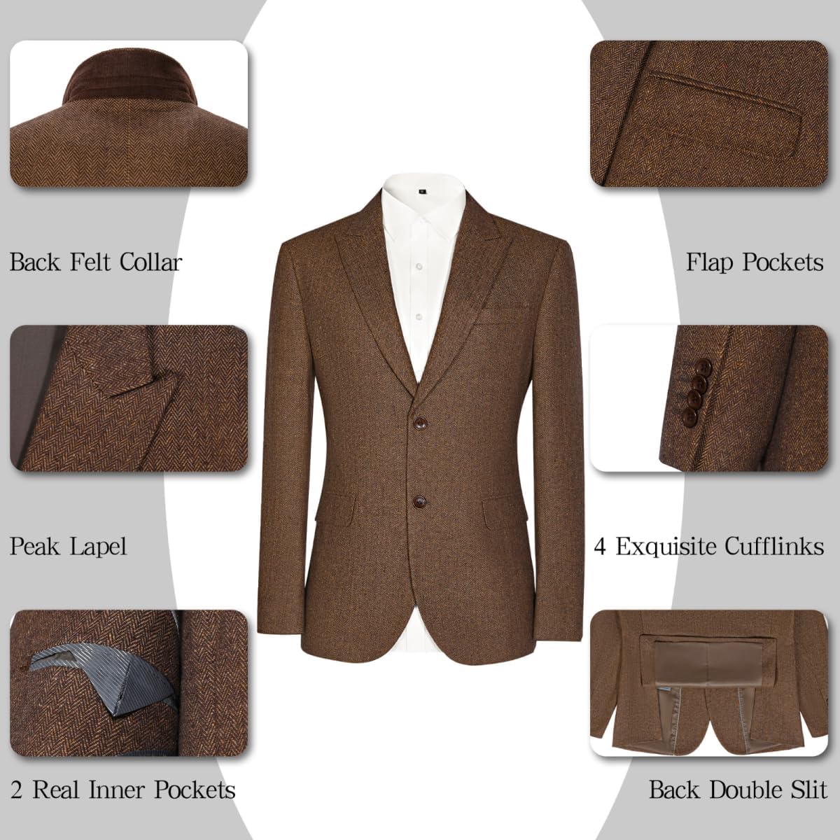 Mens Blazer Retro Herringbone Tweed Suit Jacket Men Wool Blend 2 Button Peak Lapel Men Sport Coats for Wedding Prom - Image 5