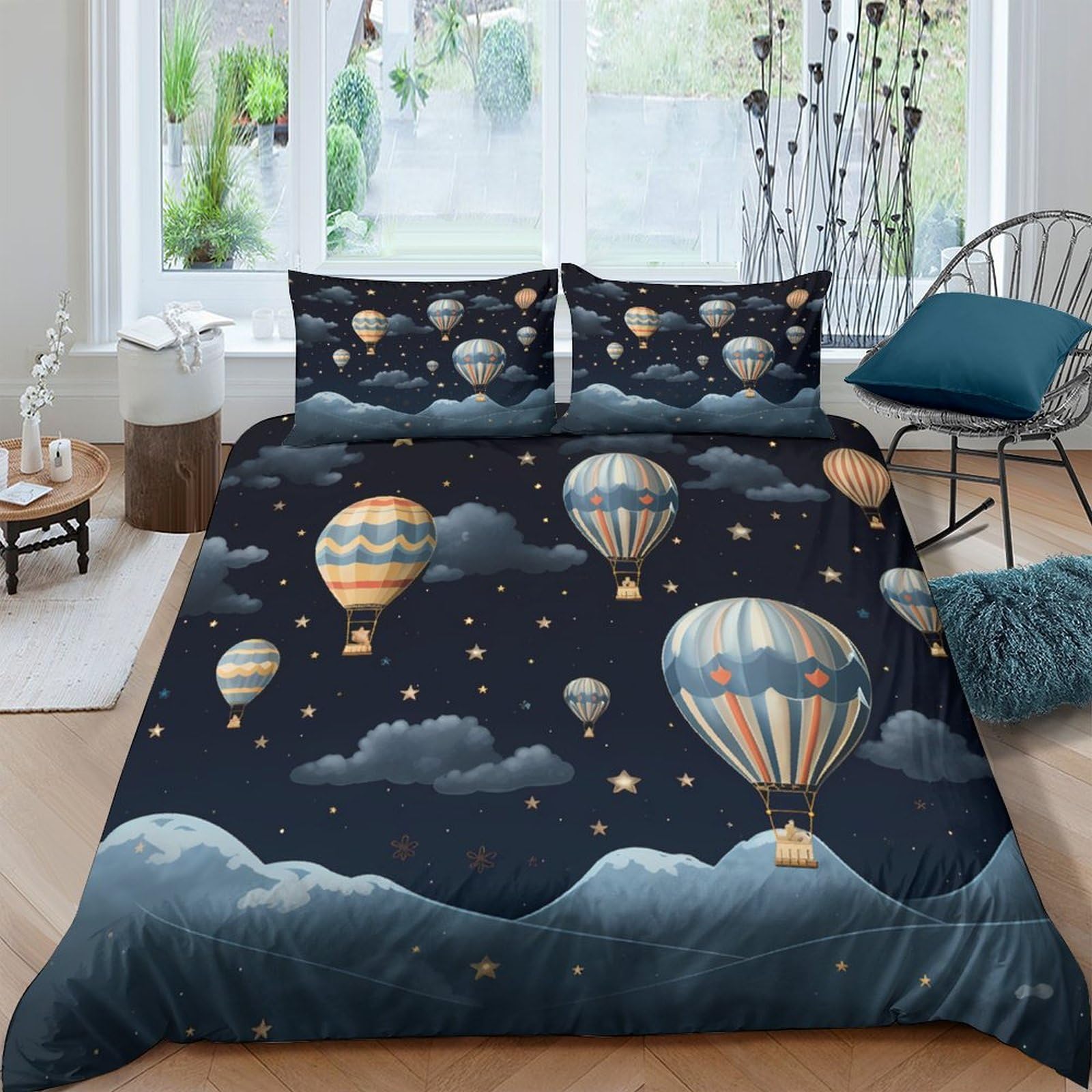 Ctjqhvkz Style-5 3D Printed Hot Air Balloon Night Sky Fitted Sheet Microfiber Soft Mattress Cover For Bedroom Dorm Room Mattress Protection Decor Single（135X200cm）
