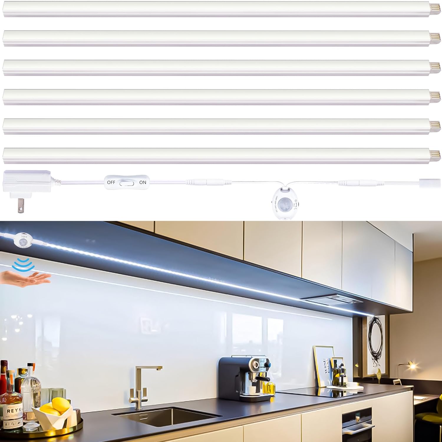 Motion Sensor Under Cabinet Lights, Plug in, Seamlessly Linkable, 6 Pcs 12 Inch Under Counter Lighting Bars for Kitchen, Closet, Gun Safe, Shelf, Display Case, LED 5000k Daylight