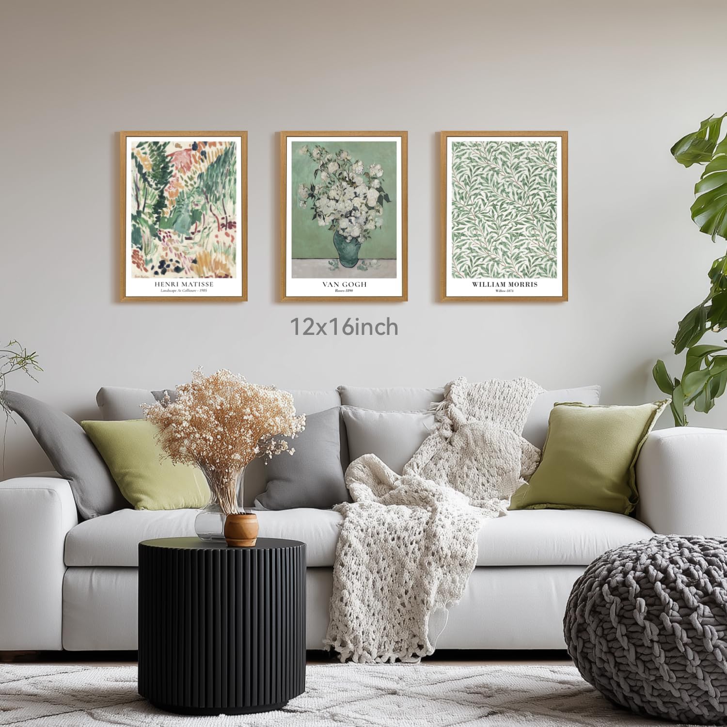 CAZLOUC Matisse Van Gogh William Morris Wall Art Set of 3, Sage Green Bathroom Wall Decor, Vintage Botanical Floral Poster Prints, Impressionism Abstract Artwork for Bedroom Wood Framed 12x16 Inch