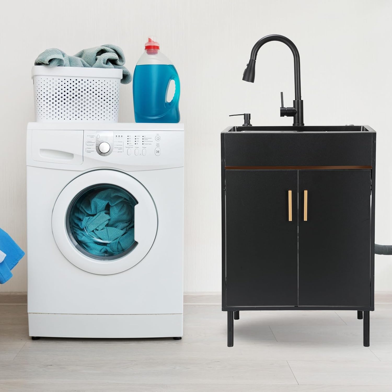 Ownsig 23.6” Stainless Steel Laundry Sink with Cabinet and Pull-Out Faucet, Black Freestanding Utility Sink with Removable Insert Basin, for Laundry Room, Kitchen, or Garage (Black)