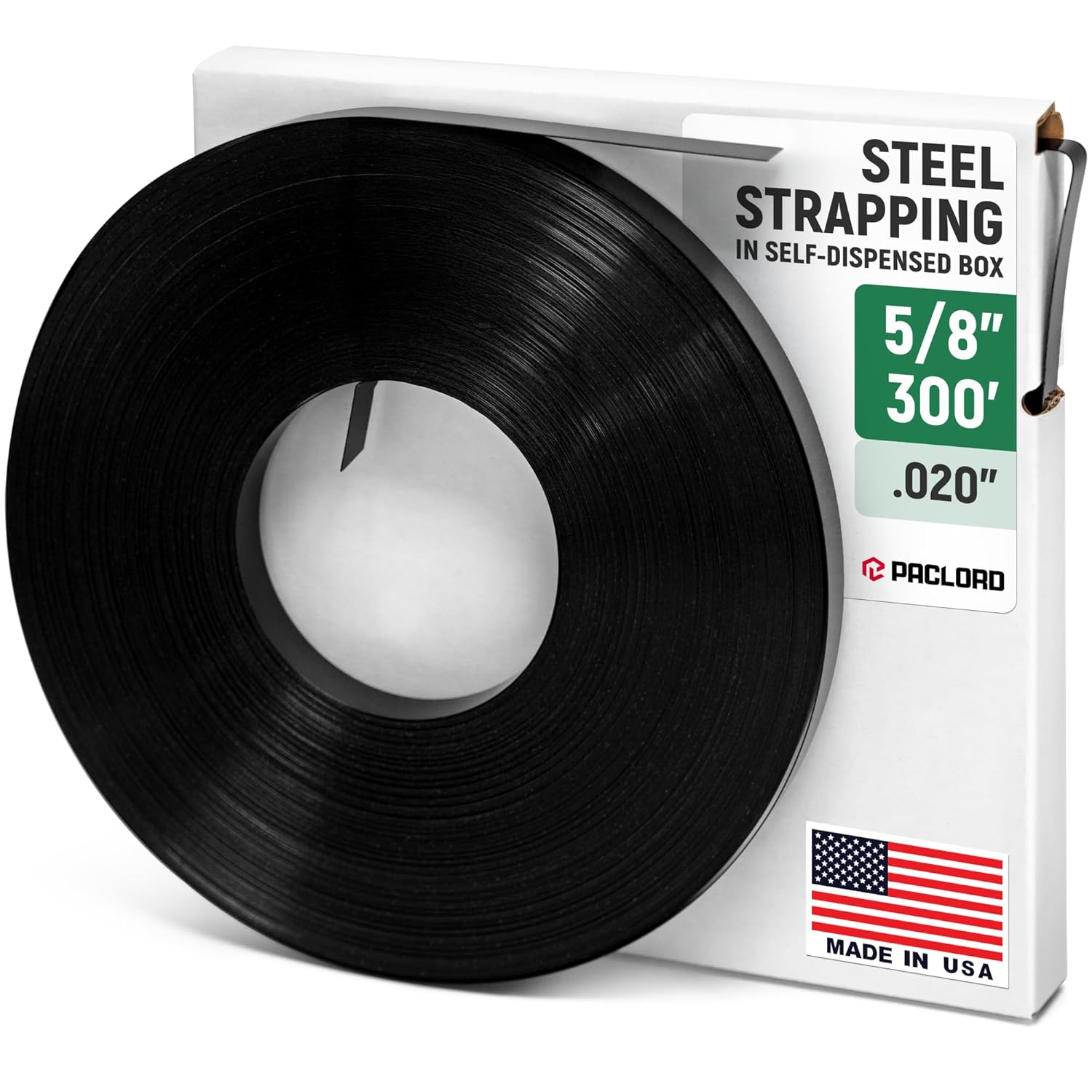 5/8" x 300' Heavy-Duty Steel Strapping in Portable Self-Dispensed Box, 0.020" Thick, 1470 Lbs Break Strength - Pallet Steel Banding with Superior Cut-Resistance - Approved for UPS Shipping