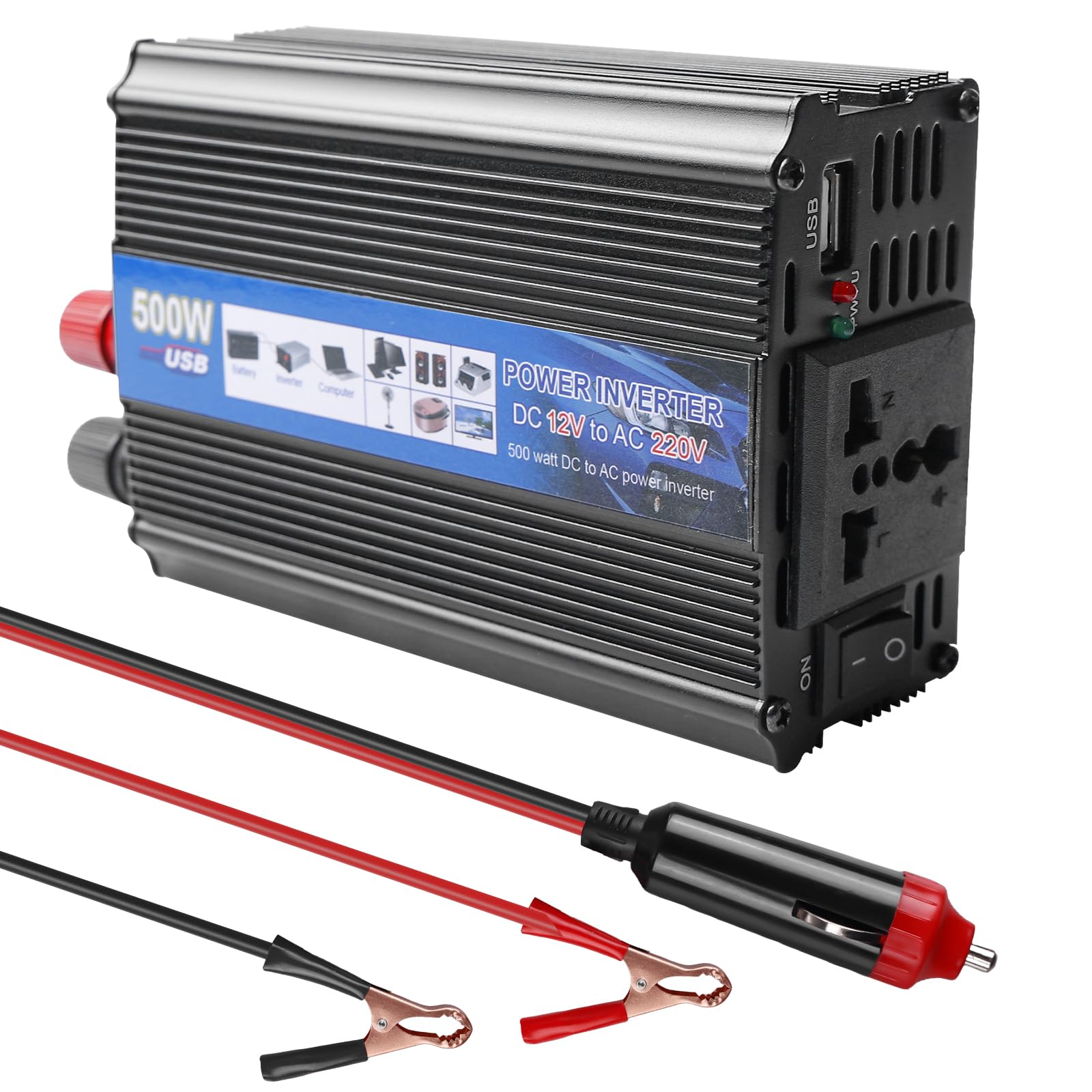 Inverter da 500 W, DC 12 V a 220 V, convertitore di tensione per auto, convertitore di corrente, inverter da 12 V a 220 V, spina accendisigari da auto, ricarica il tuo laptop, iPad