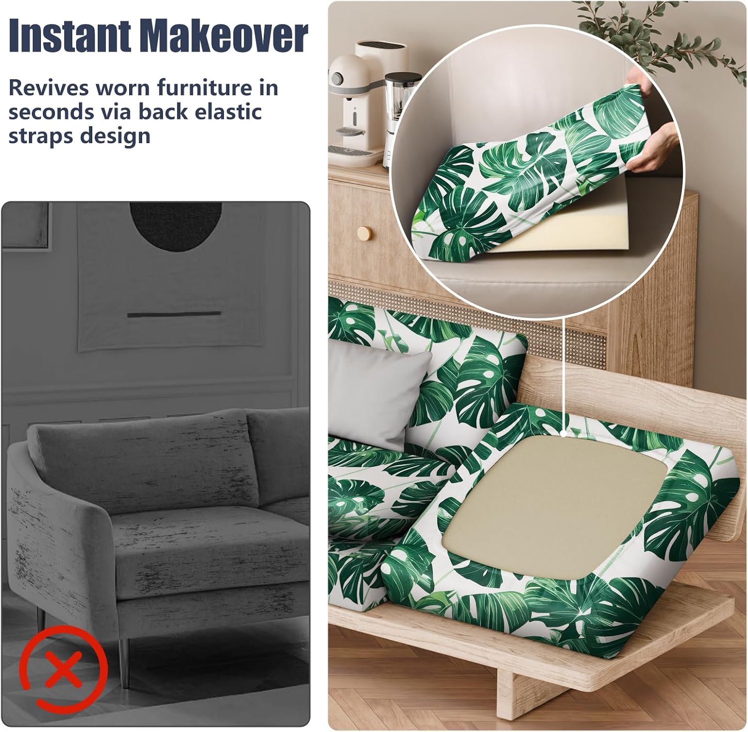 8Pcs Outdoor Cushion Covers, Stretch Patio Furniture Couch Chair Slipcovers | Washable, Pet Friendly, Seat Replacement Covers, Soft Sofa Slip Covers, 4-Large+4-Rectangle 20-27", Easy Renew, Green Leaf thumbnail