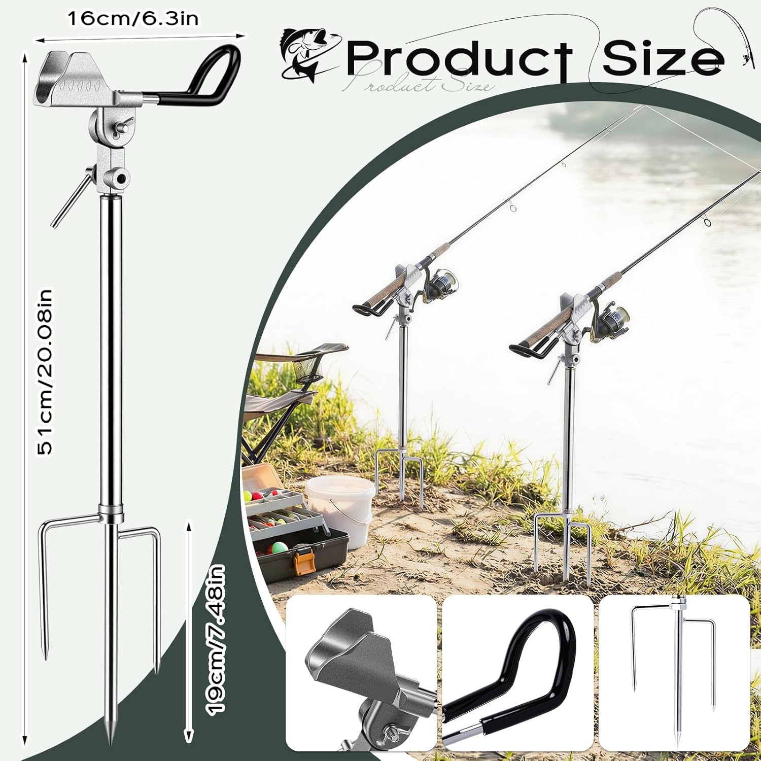 Lounsweer 4 Pcs Fishing Rod Holders 360 ° Adjustable Fishing Pole Holders Multifunctional Stainless Steel Ground Fish Rod Pole Brackets for Detachable Fish Equipment Lakes Rivers Gifts Men