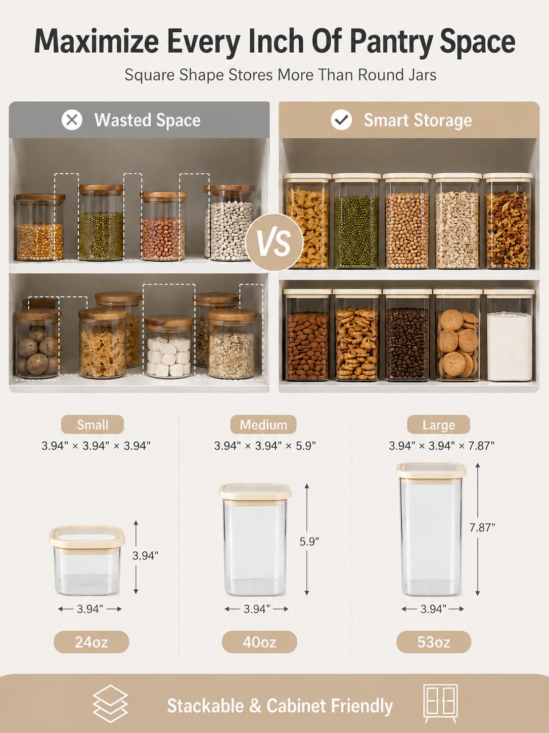Juego de 4 recipientes cuadrados de vidrio para despensa con tapas de vidrio, 1.22 cuartos de galón, herméticos, apilables, para pasta, cereales, harina, aperitivos, tarros de almacenamiento