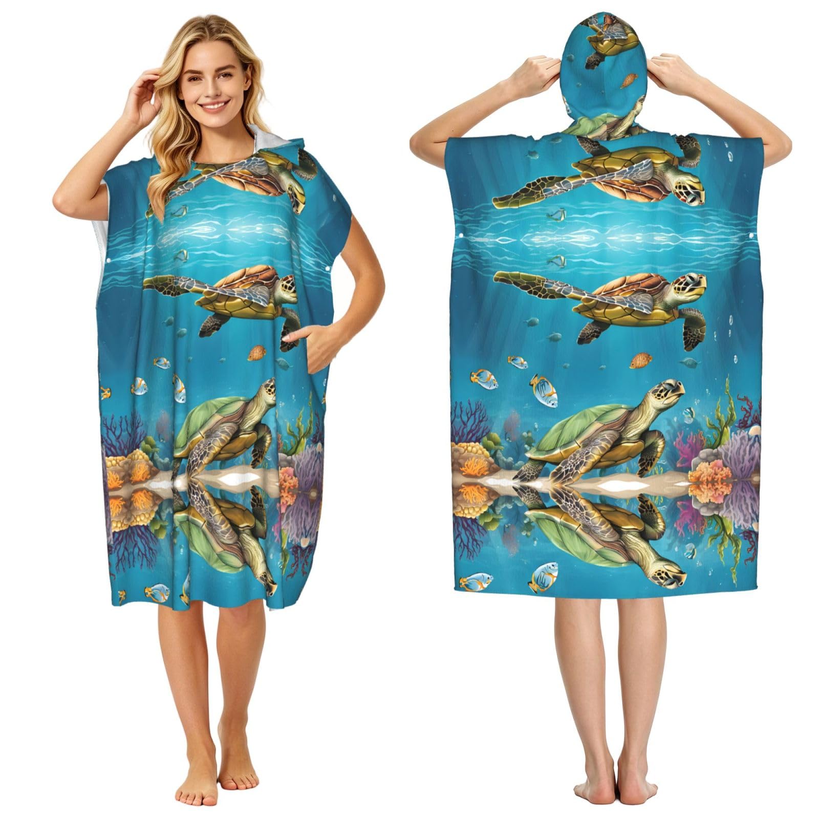 Poncho microfibre léger imprimé mer avec capuche pour bain surf adulte homme femme