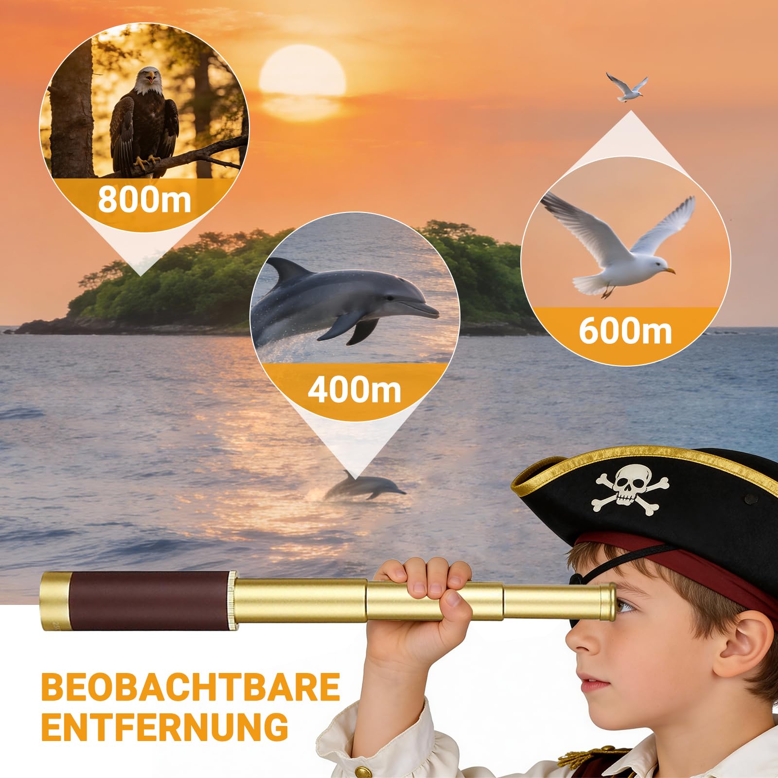 Retro Pirat Teleskop Monokular mit Schatzkarte 25x30 Zoomable Vintage Kapitän Jack Spyglass BAK-4 Linse Fernrohr Kinder Faltbar Tragbar Pocket Monokular für Outdoor Camping