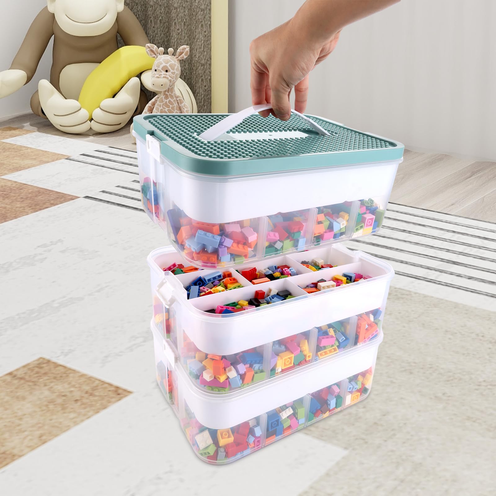 JMIATRY Scatole Plastica con Coperchio per Lego 30,5 x 23 x 32,5 cm, 3 Strati Trasparenti Scatola per Scomparti, Contenitori Mattoncini Impilabili Per riporre piccoli oggetti