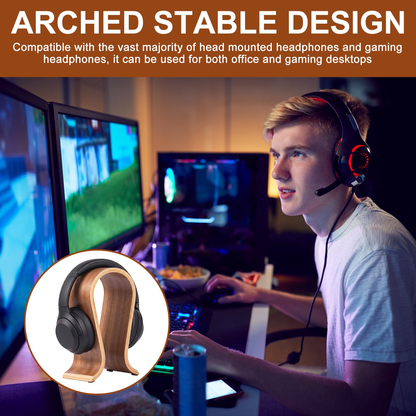 Support de casque en bois de noyer pour casque de bureau, support de casque de jeu, design de pont d'arc, compatibilité universelle