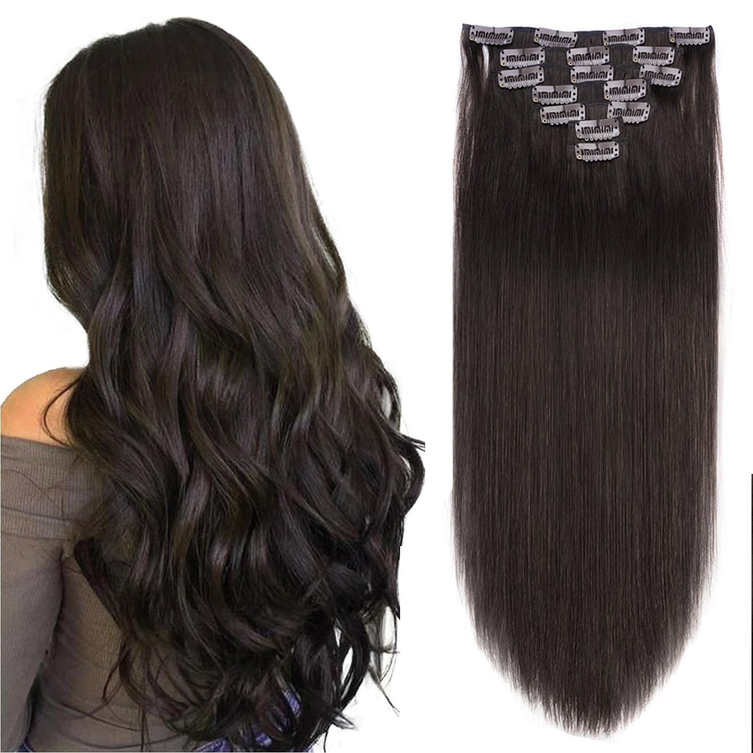 16 Inch Clip in Hair Extensions Real Human Hair 130g 7 Pieces 16 Clips #2 Dark Brown Hair Extensions Double Weft Human Hair Clip in Extension for Women