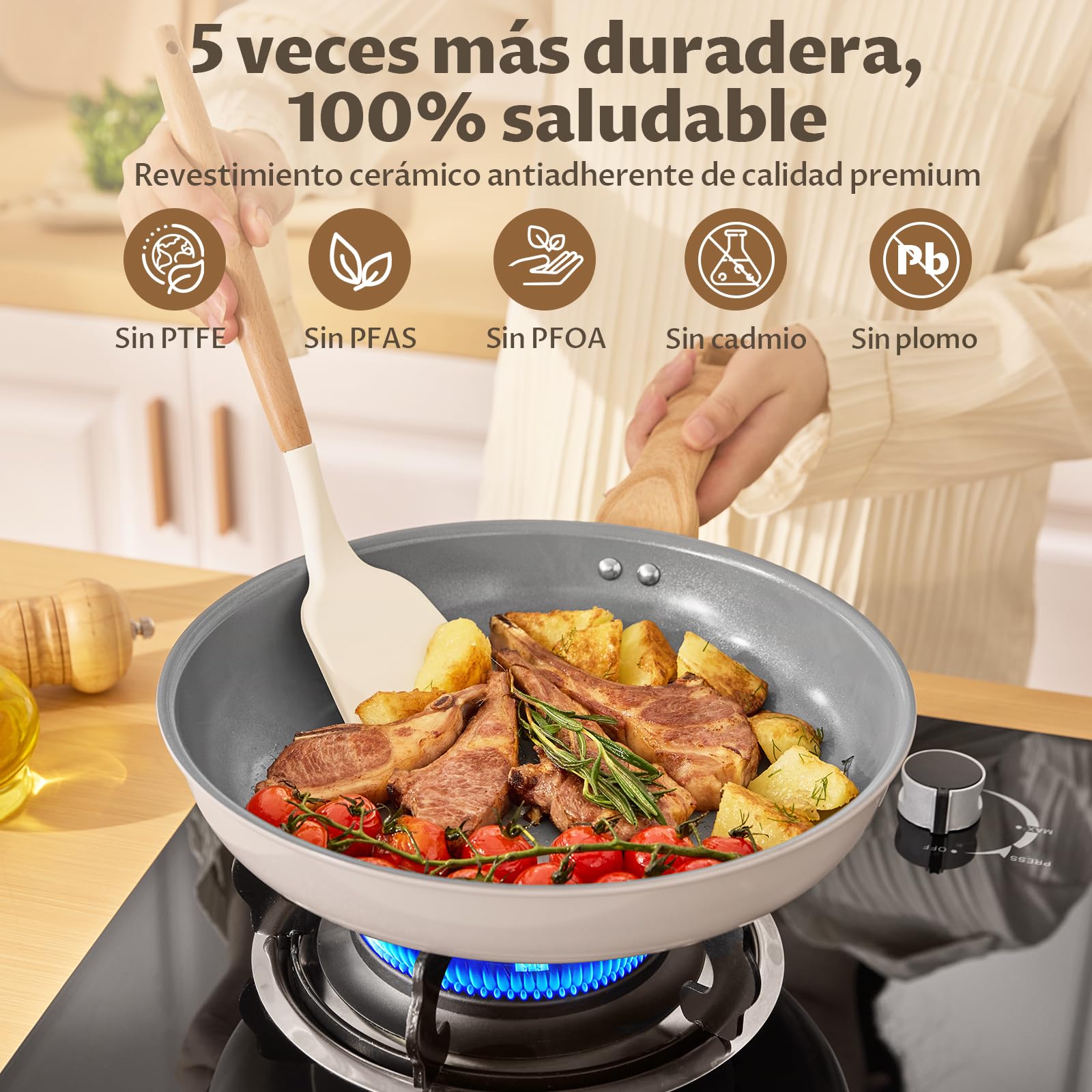 BLAZANT ceramic nonstick pan set 20+24+28cm with lids, PTFE-free, healthy | Optimized induction base for even heat, compatible with all cooktops, easy to clean, dishwasher safe, ergonomic handle