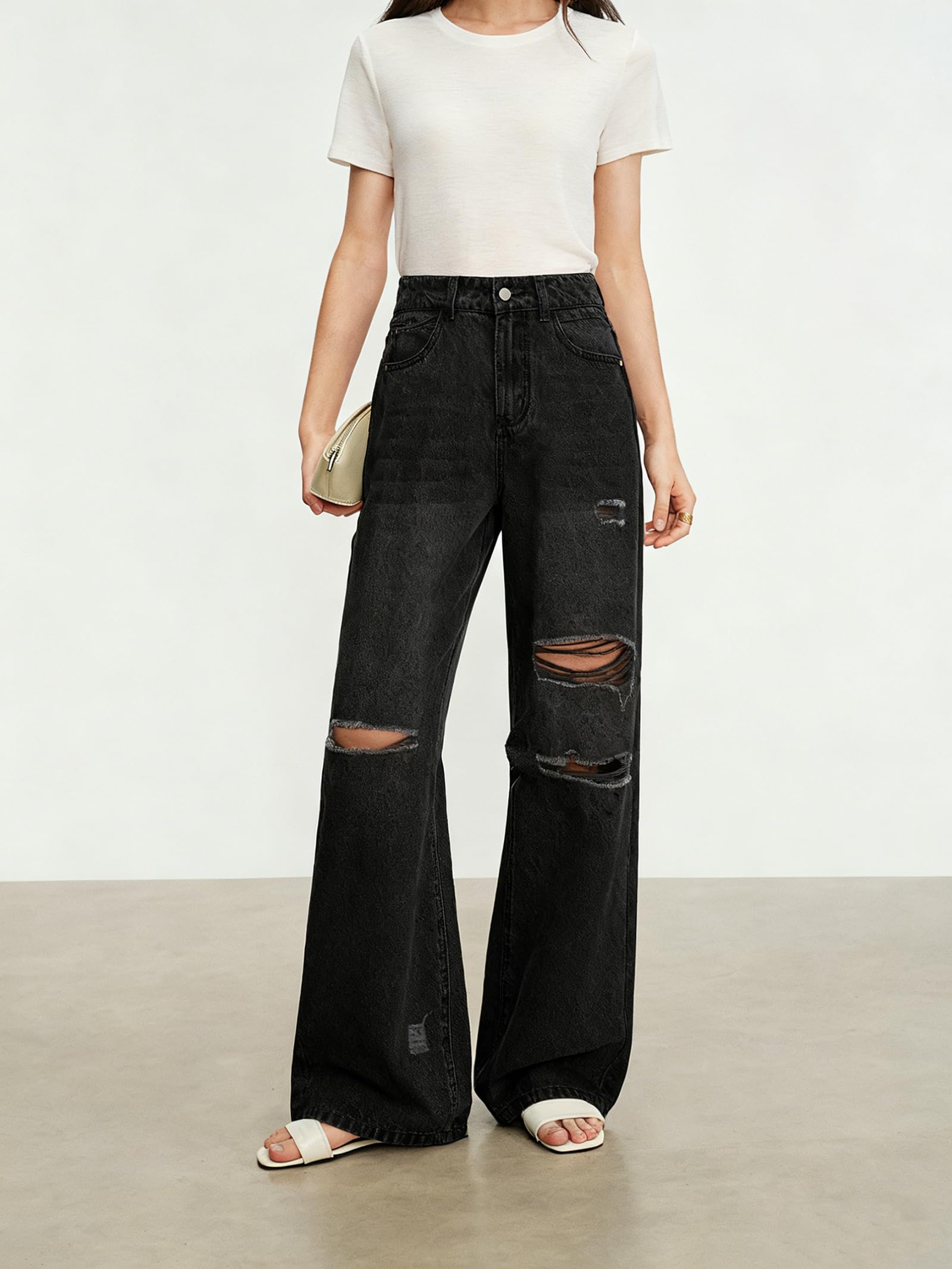 Distressed Jeans mit weitem Bein für Damen, hohe Taille, lockere zerrissene Boyfriend-Jeans, Y2K, Stretch-Denim-Hose