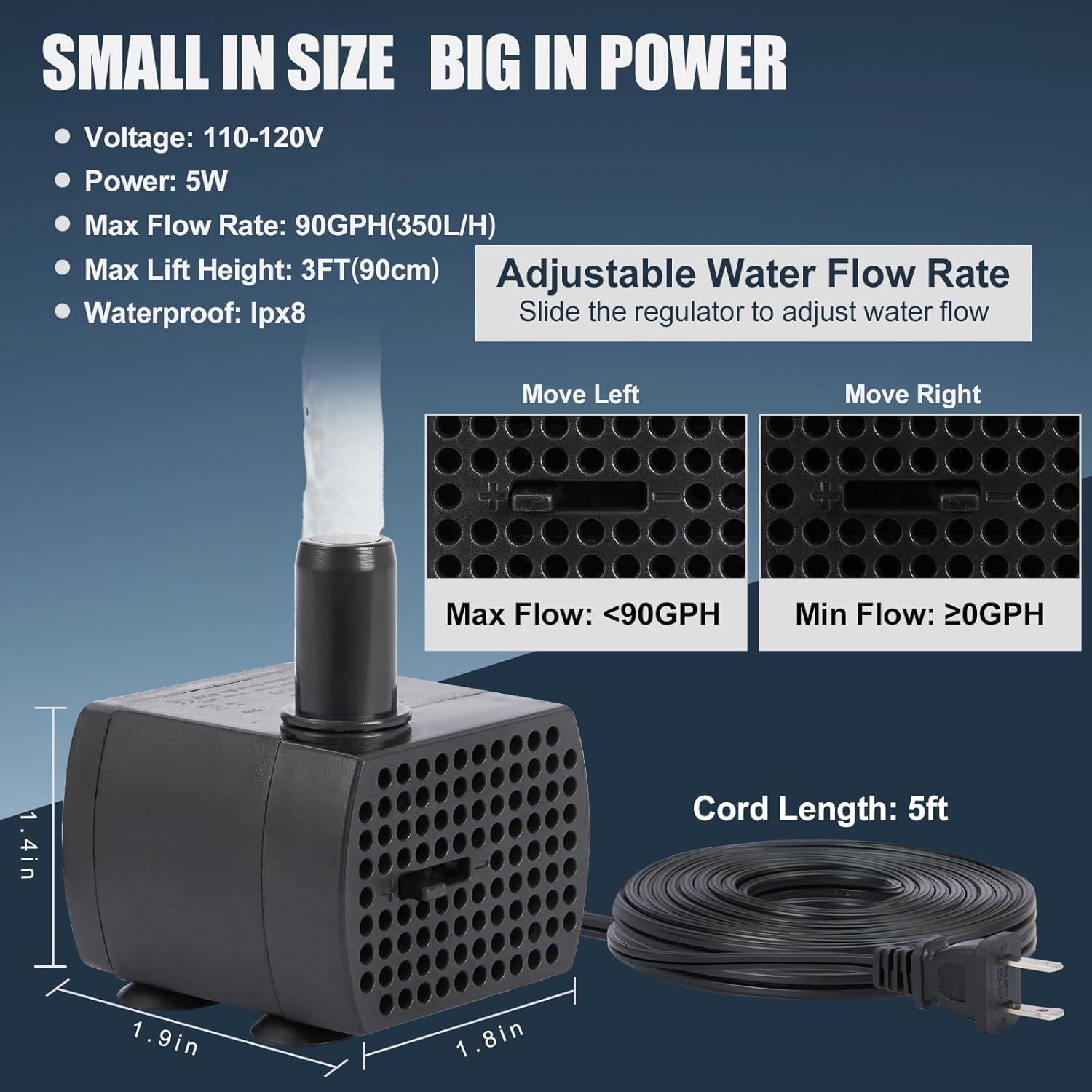 90GPH Mini Submersible Pump, Small Fountain Pump (5W 350L/H), Ultra Quiet Aquarium Water Pump for Fish Tank, Tabletop Fountain, Pet Fountain, Indoor or Outdoor Pond Fountain Pump (5W)