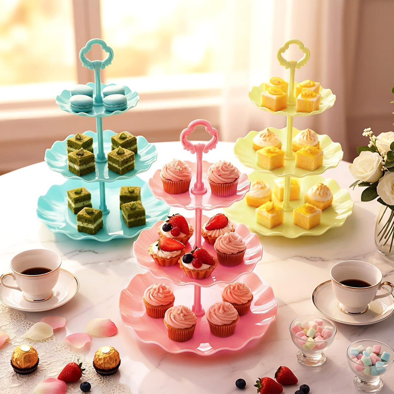 Yaomiao 6 Set 3 Tier Plastic Cupcake Stand Macaron Color Dessert Cup Cake Holder Tower Reusable Tiered Serving Tray Cakes Fruit Candy Display Tower for Wedding Birthday Tea Party Baby Shower(Round)