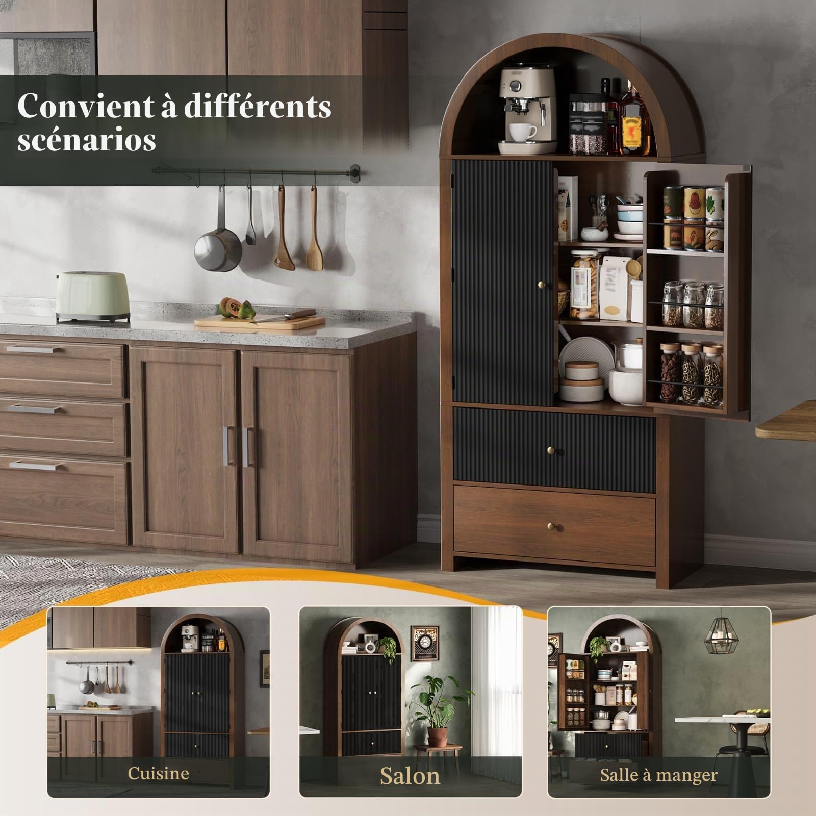 KOMHTOM Armoire de Rangement Haute, Armoire en Bois, Meuble de Rangement, Conception avec Dessus Incurvé, 3 Tiroirs, 2 Portes, pour Cuisine et Salon (Noir+Naturel)