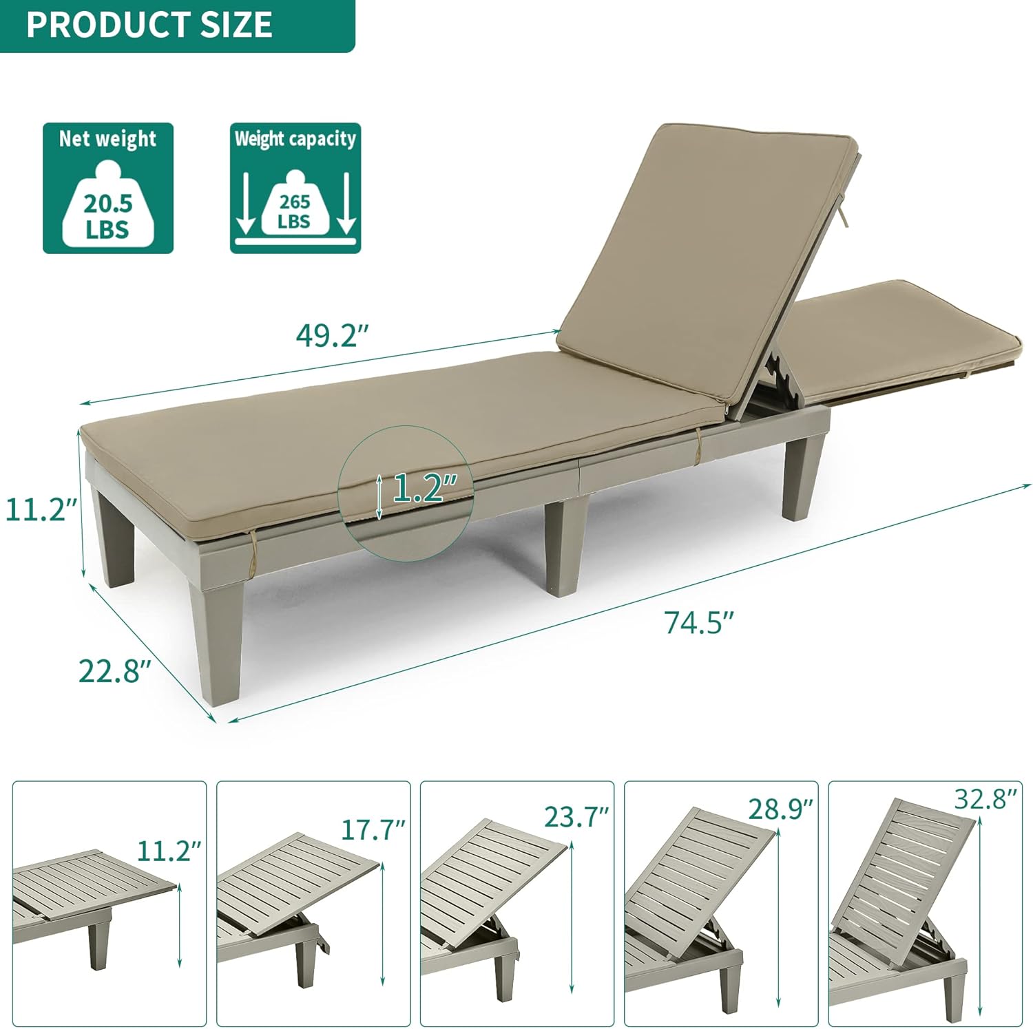 YITAHOME Outdoor Chaise Lounge Chairs Set of 2, Pool Lounge Chairs with Cushion for Relaxation, Adjustable and Weatherproof, Easy Assembly, Sturdy Design with 265lbs Weight Capacity, Taupe