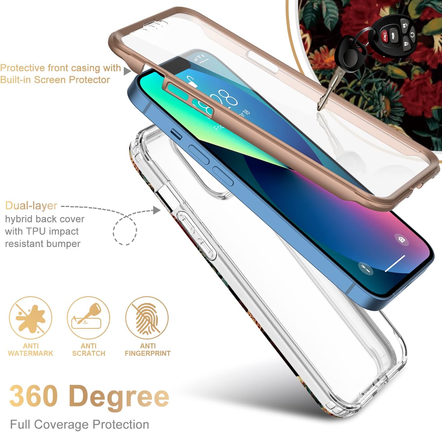 Esdot for iPhone 13 Case with Built-in Screen Protector,Military Grade Rugged Cover with Fashionable Designs for Women Girls,Protective Phone Case 6.1" Flower Garden - Image 2