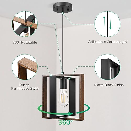 Miniatura 5 de EDISHINE Lámpara colgante de granja, lámpara colgante rústica con grano de madera y acabado negro, iluminación colgante para isla de cocina,