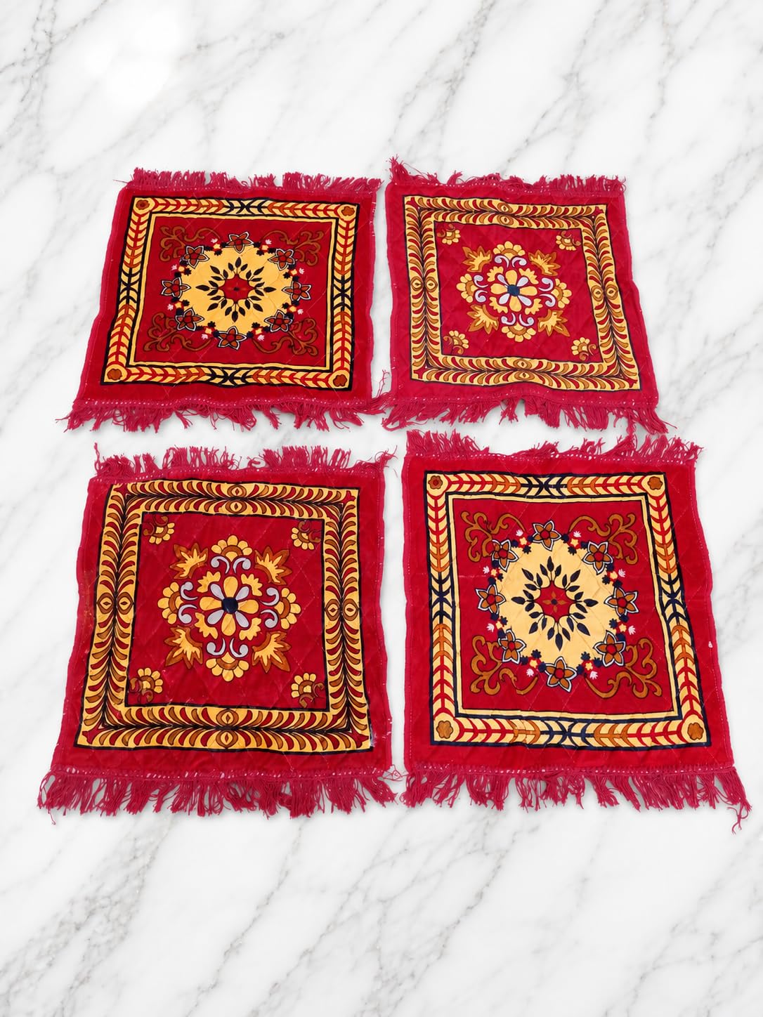 Premium Prayer Mats Pooja Aasan, Red with Floral Embroidery, Fringed Edges, Pack of 4-picture-12