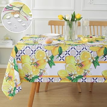 SASTYBALE Summer Lemon Tablecloth Rectangle, Stain Resistant Lemon Table Cloth Geometric Vintage Pattern, Washable Polyester Outdoor Table Cover for Party Picnic Dinner Decor Rectangle, 52" x 70"