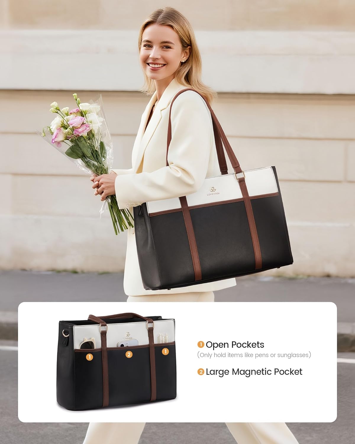 LOVEVOOK Lunch Bag for Women, Leather Laptop Tote Bag with Insulated Lunch Compartment for Work, Office - Image 5