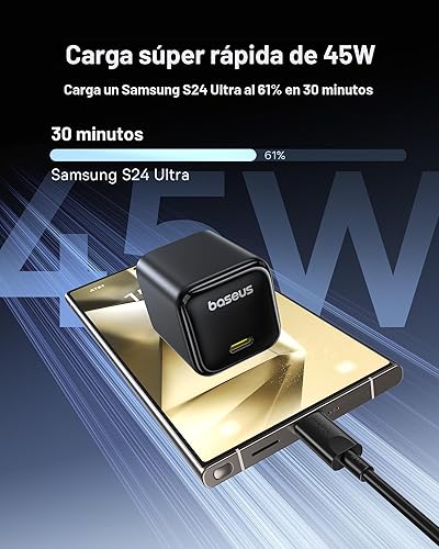 Miniatura 2 de Baseus Bloque de cargador USB C de 45 W, paquete de 2 cargadores rápidos PPS tipo C con cable USB-C para iPhone serie 171615, iPad, Galaxy S24 Ultra