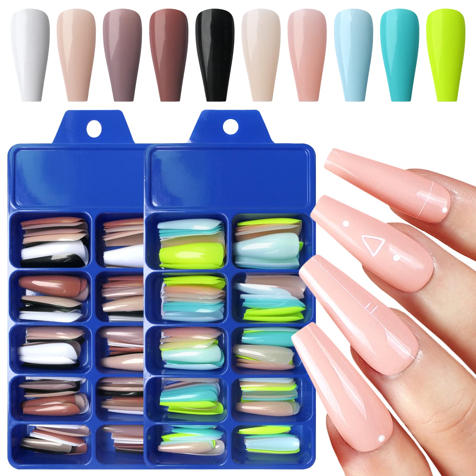 LoveOurHome 200pc Coffin Press on Nails long Gel Glossy Fake Nails Full Cover Colored Artificial Fingernail False Acrylic Tips 10 Colors for Women Girls Manicure Design