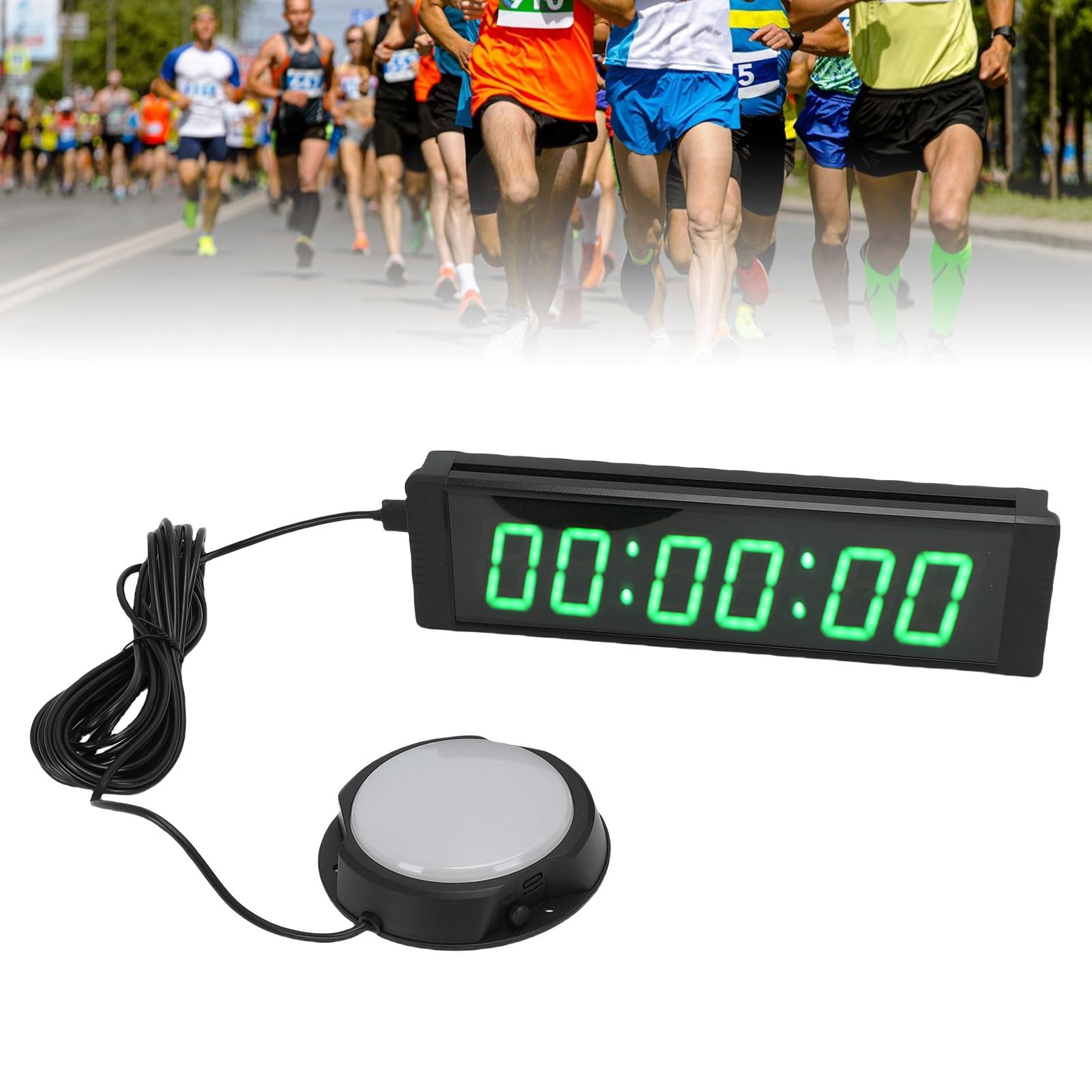 Fafeicy Minuterie de Course à 6 Chiffres, Chronomètre à Compte à Rebours LED en Alliage d'aluminium avec écran Vert de 1,5 Pouces, Horloge Rechargeable, Bouton Filaire de 5 M, Télécommande de 30 M
