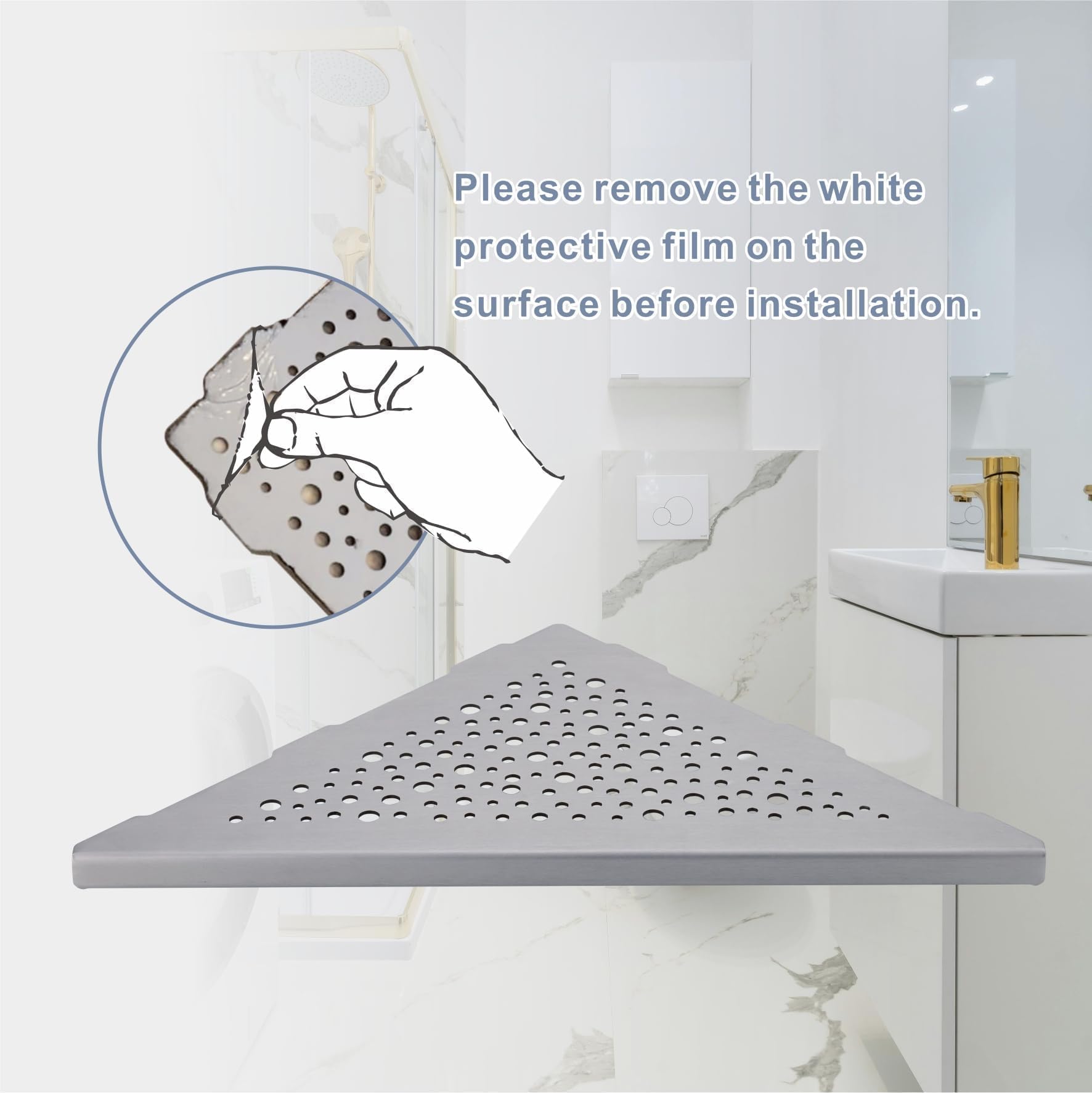 HIDROP Estante de ducha de esquina cepillado de 10 pulgadas, estante de esquina triangular de acero inoxidable para pared de azulejos, paquete de 2 estantes de esquina de ducha, sin taladrar
