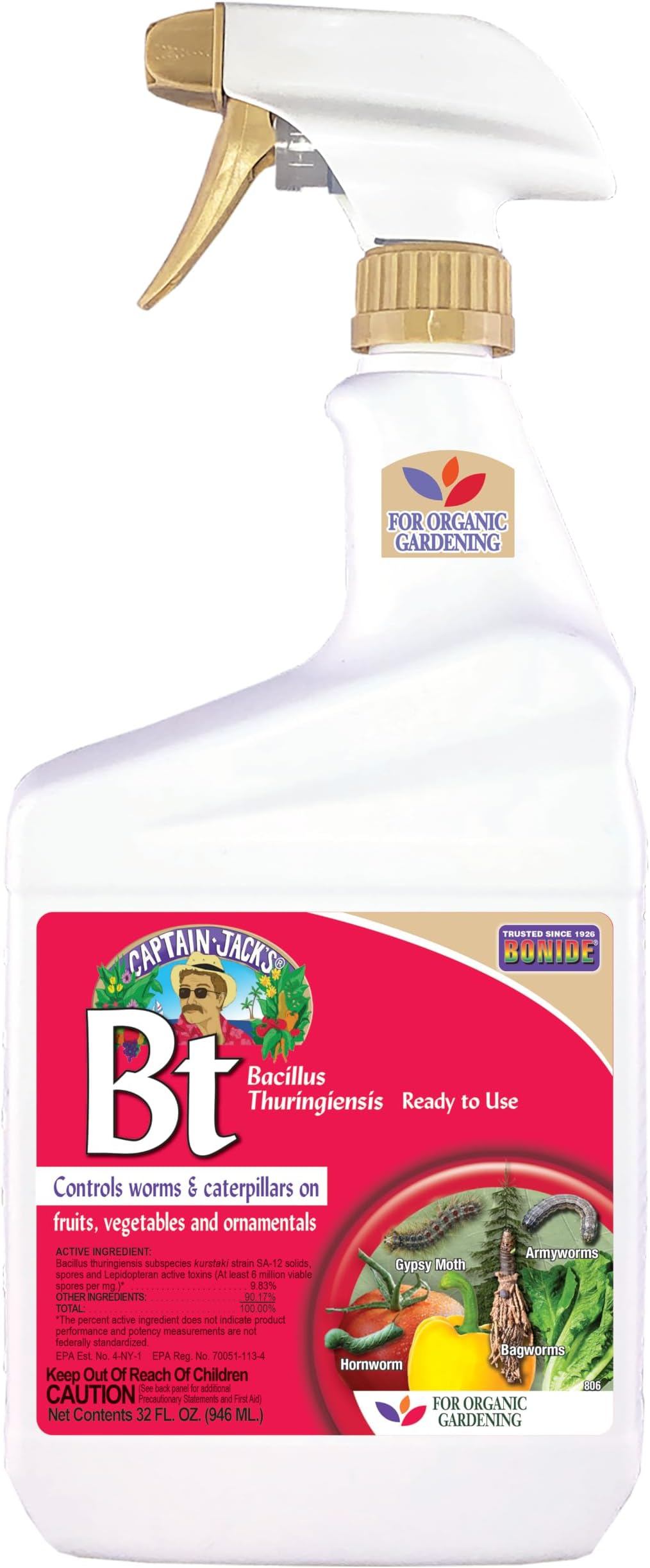 8066 Captain Jack's Bacillus Thuringiensis BT Organic Worm & Caterpillar Control, 32 oz. Ready-to-Us - Quantity 1