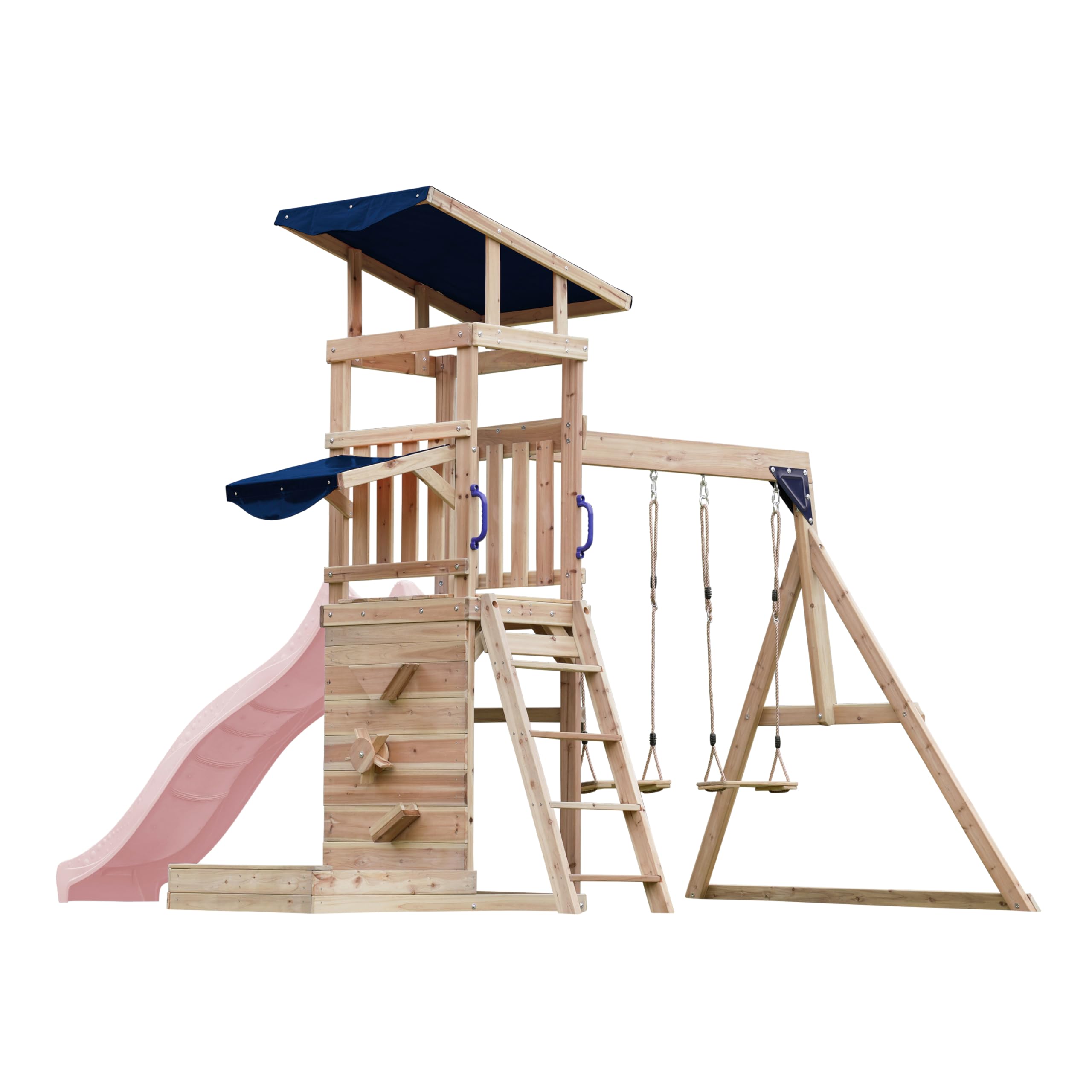 AXI Malik Spielturm aus Holz mit 2 Schaukeln | XXL Spielhaus/Spielplatz für Kinder mit Sandkasten, Spielwand & Rutsche in Pastellrosa | Schaukelgerüst für den Garten