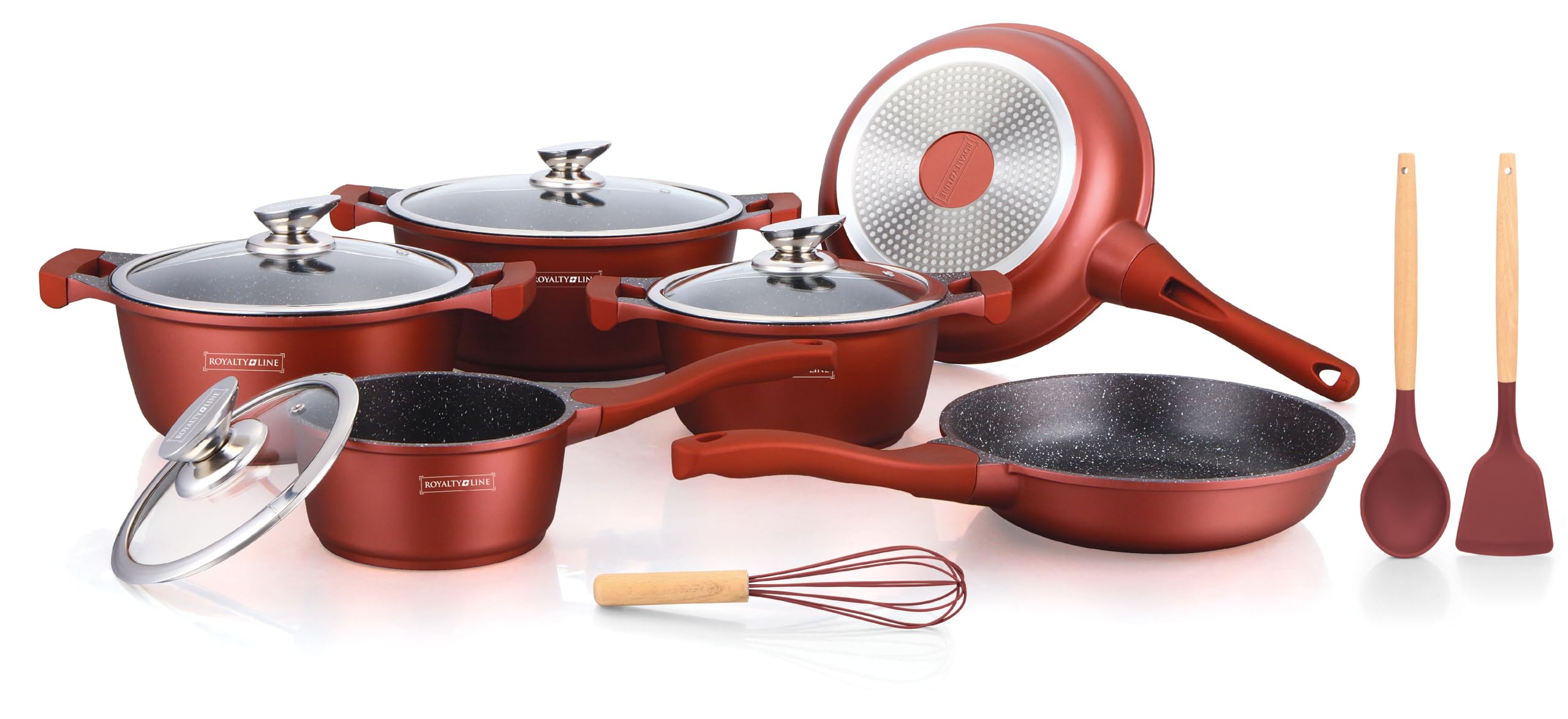ROYALTY LINE, Juego de 13 piezas, Batería de cocina de aluminio fundido, revestimiento marmolado, con mangos de silicona extraíbles, compatible con todas las fuentes de calor, Color bronce