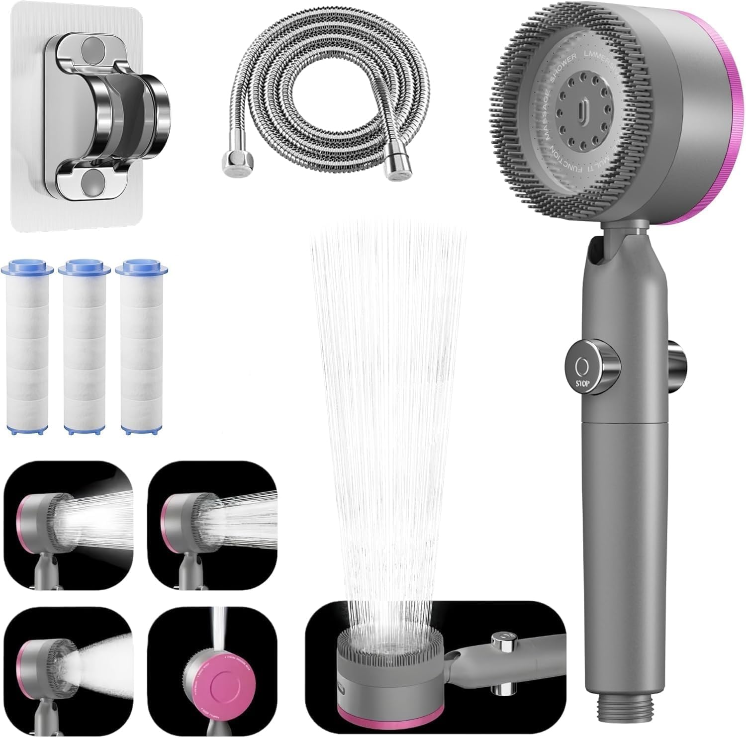 Arbudspro Duschkopf mit 1,5‑m‑Schlauch, Hochdruck‑Handbrause mit Filter und 4 Strahlarten, wassersparender Duschkopf mit 15‑schichtiger Filtration, Duschbrause mit Stoppfunktion und Massagefunktion