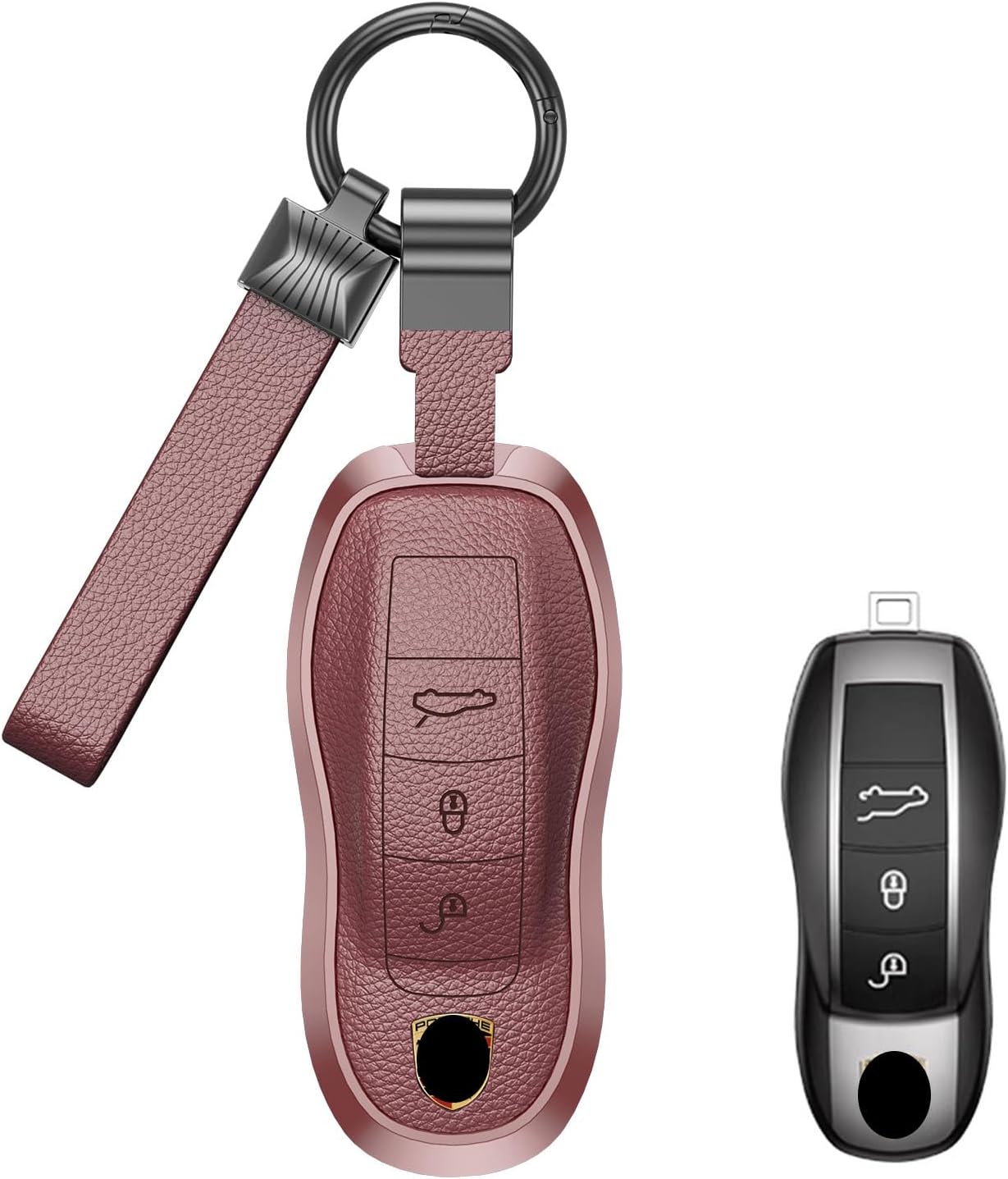 for Porsche Key Fob Cover, Aluminum Frame and Leather Protective Case, Full Protection Shell for Macan 718 Cayenne Smart Remote Accessories (B-Rose Gold)