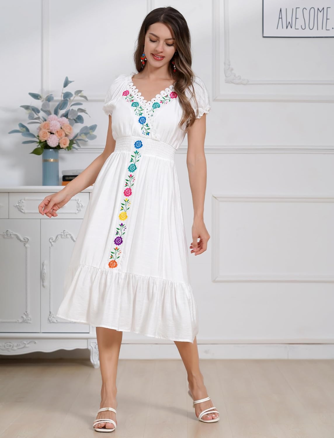 Women Mexican Dress V Neck Floral Embroidery Ruffle Dress Short Puff Sleeve Spring Summer Cinco De Mayo Party Dresses - Image 2