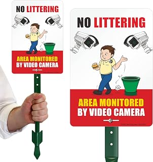 SmartSign 10 x 7 inch “No Littering - Area Monitored By Video Camera” LawnPuppy Yard Sign with 18 inch Stake, 40 mil Aluminum, Laminated Engineer Grade Reflective, Multicolor, Set of 1, USA-Made