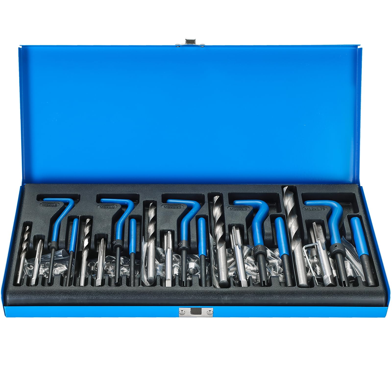 DASBET Kit di attrezzi per la riparazione di filettature metriche, 151 pezzi, kit di riparazione elicoidale per trapano HSS M5 M6 M8 M10 M12 (blu)