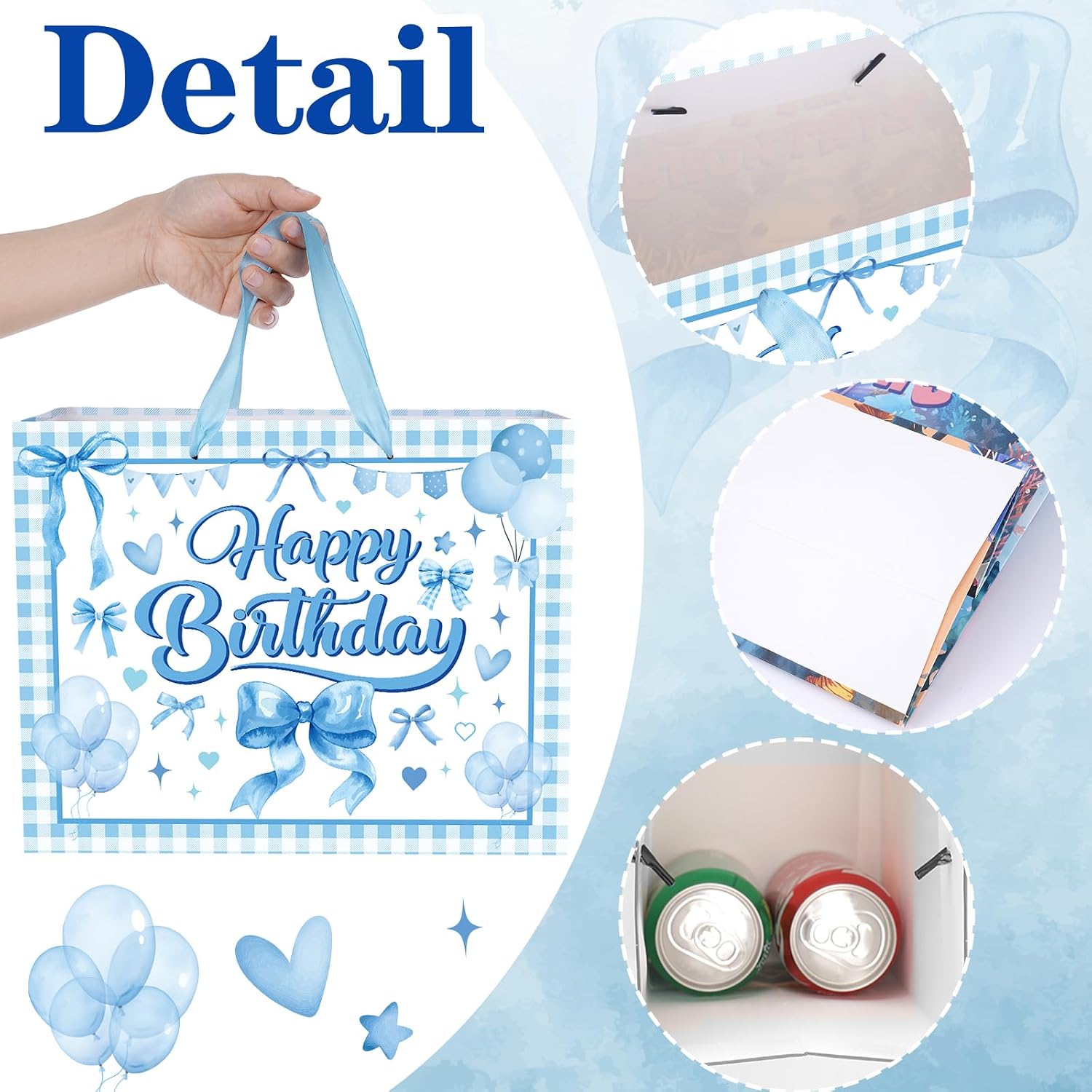 Blue Bow Gift Bag for Girls - Birthday Favor Bags with Wrapping Paper & Greeting Card, Blue Bows Party Supplies, Cute Bowknot Theme Present Candybags for Bday Celebration