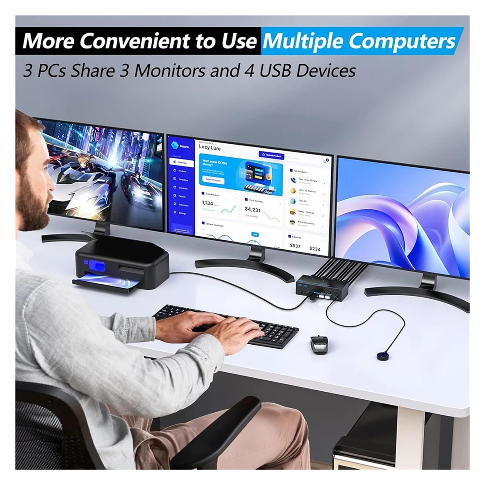 Przełącznik KVM USB 3.0 zgodny z, 3 monitory, 3 komputery, 8K60Hz, 4K144Hz, potrójny monitor KVM z 4 portami USB 3.0, potrójny KVM