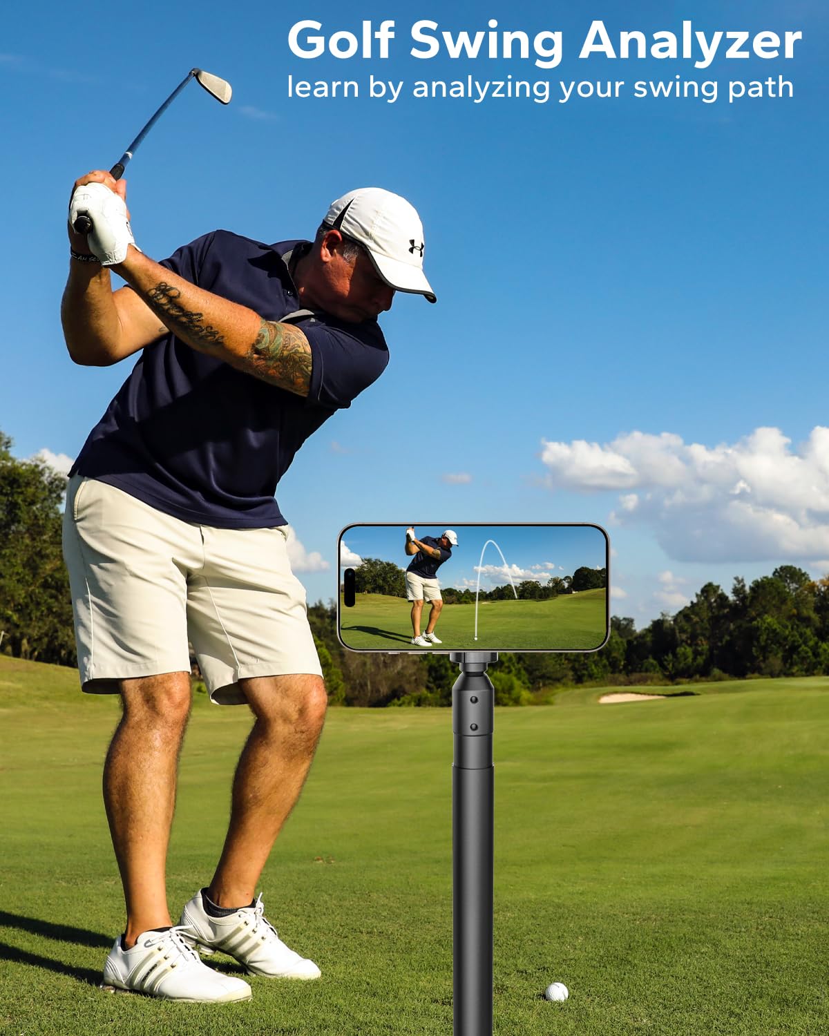 GDZN Golf Einbeinstativ Selfie Stick, Golf Schwung Magnetisch Handy Halterung mit 57" Metallstange für Schwungaufzeichnung, Putten, Golftrainingshilfe, Stativ für iPhone 16 15 14 13 Kompatibel Magsafe